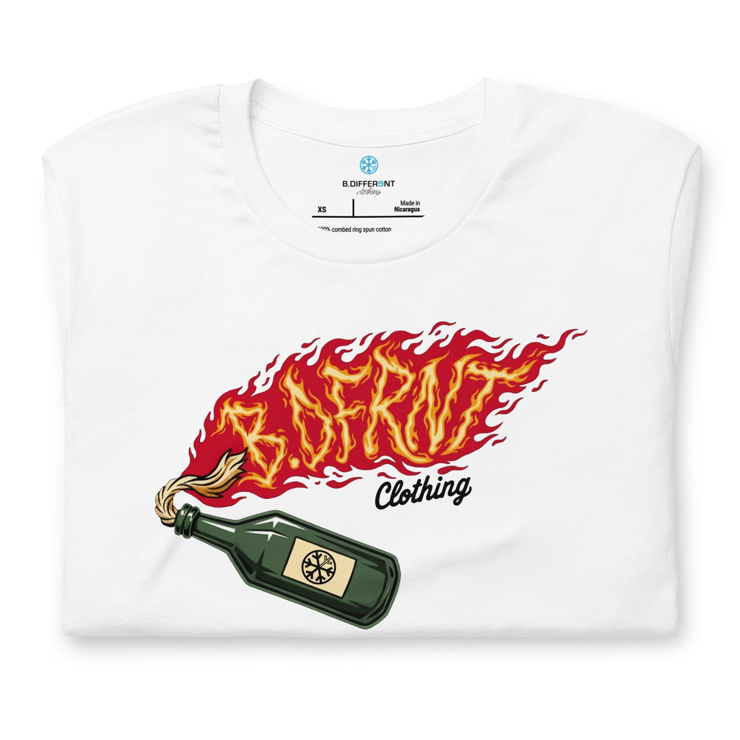 White-Molotov Graffiti Tee from B.Different Clothing, folded, graffiti-inspired streetwear t-shirt