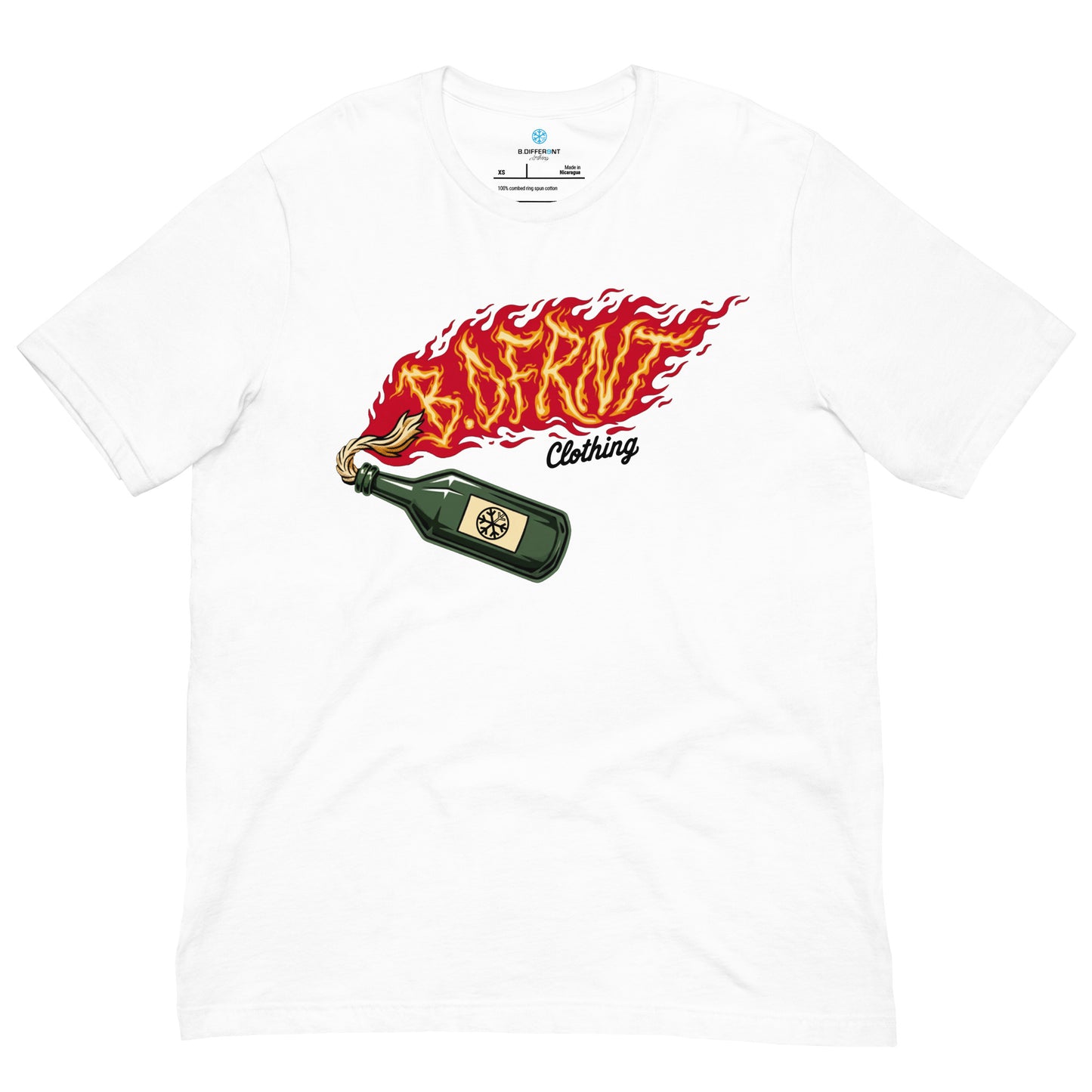 White-Molotov Graffiti Tee from B.Different Clothing, front view, graffiti-inspired streetwear t-shirt