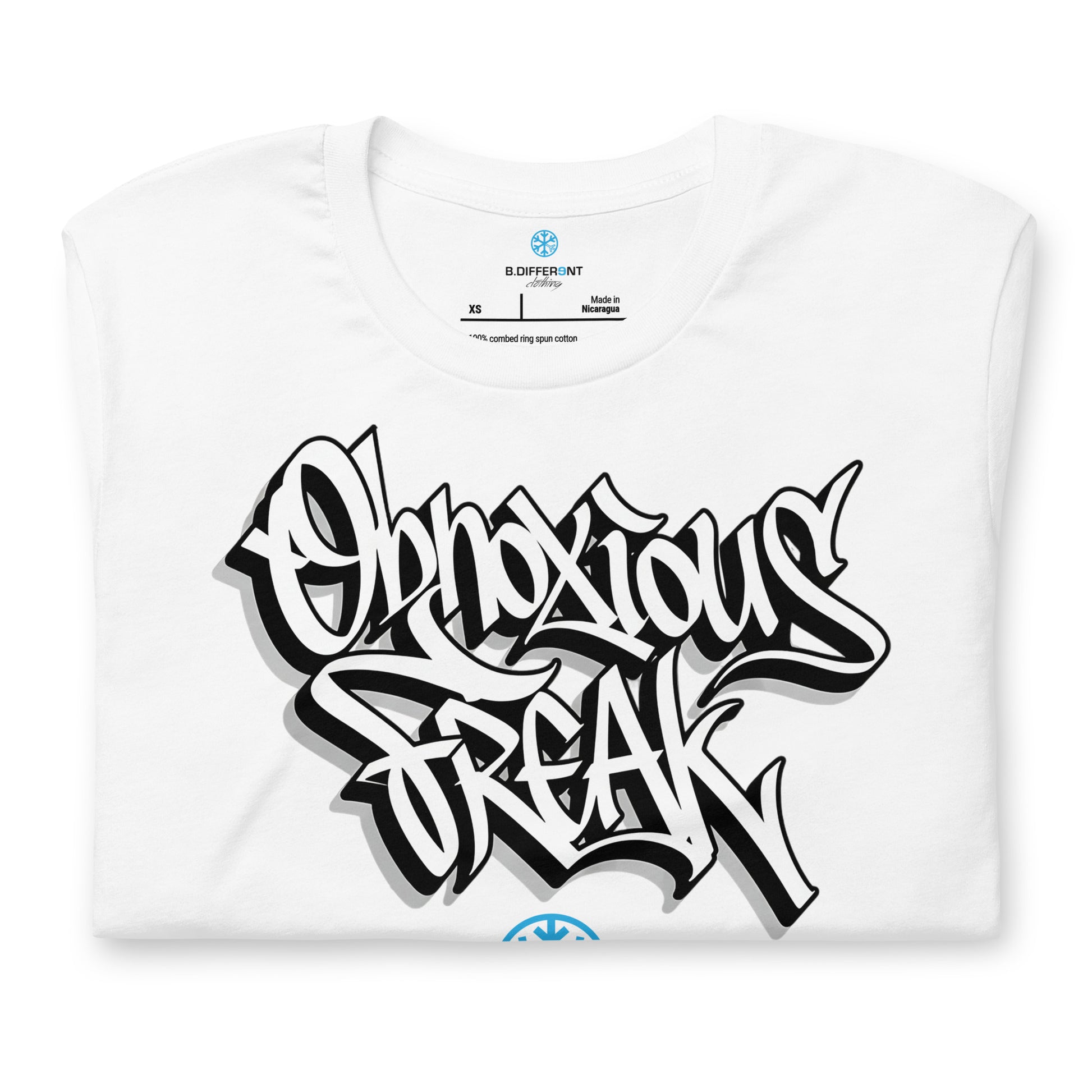 White-Obnoxious Freak Graffiti Tee from B.Different Clothing, folded, graffiti-inspired streetwear t-shirt