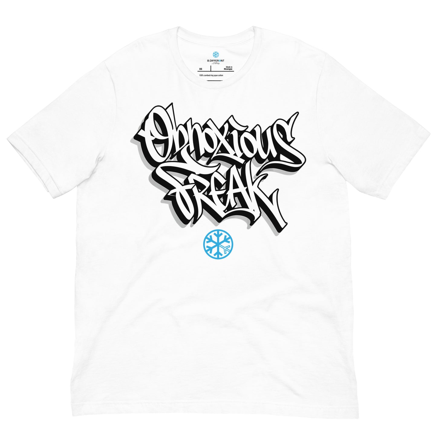 White-Obnoxious Freak Graffiti Tee from B.Different Clothing, front view, graffiti-inspired streetwear t-shirt