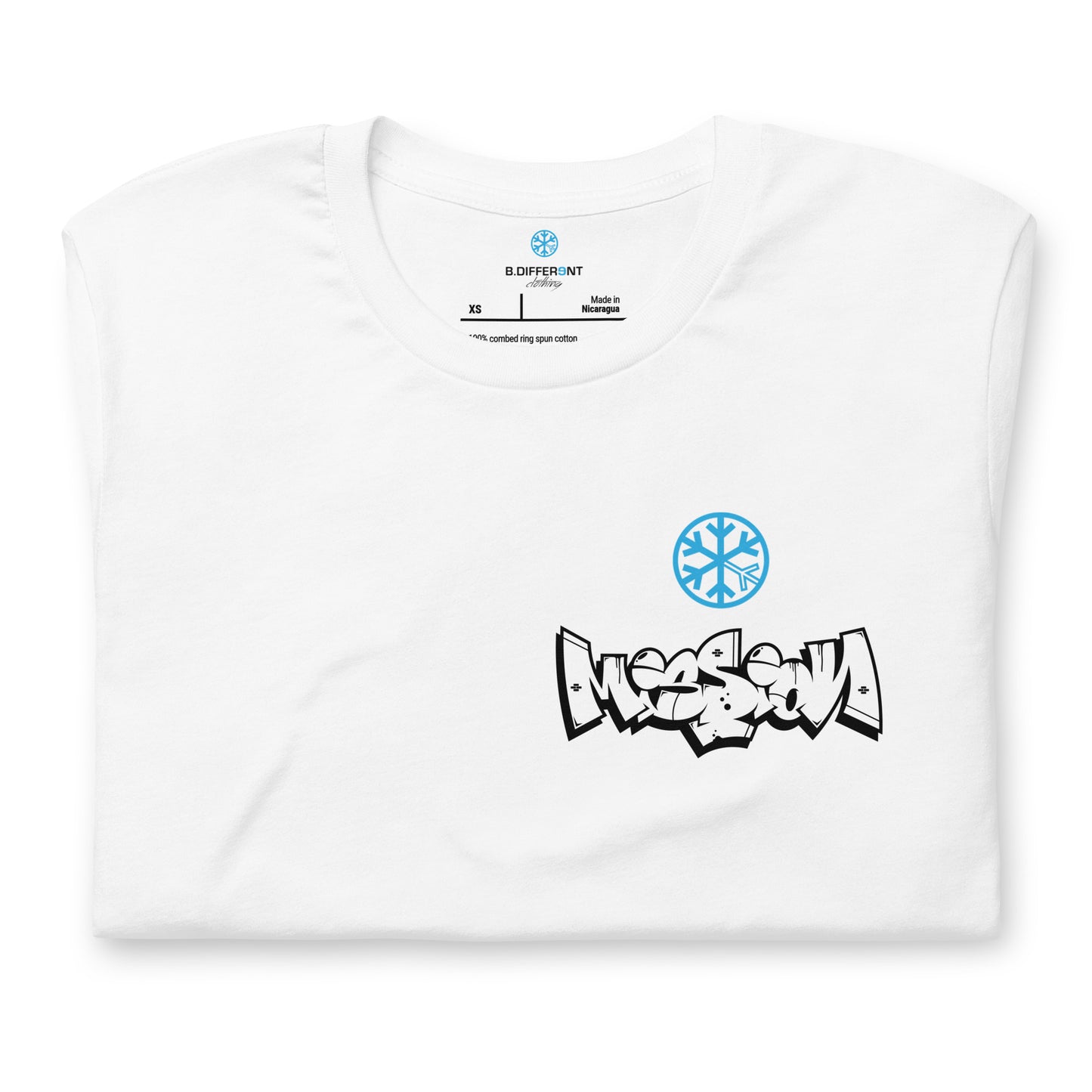 White-Mission Graffiti Character Tee from B.Different Clothing, folded, graffiti-inspired streetwear t-shirt