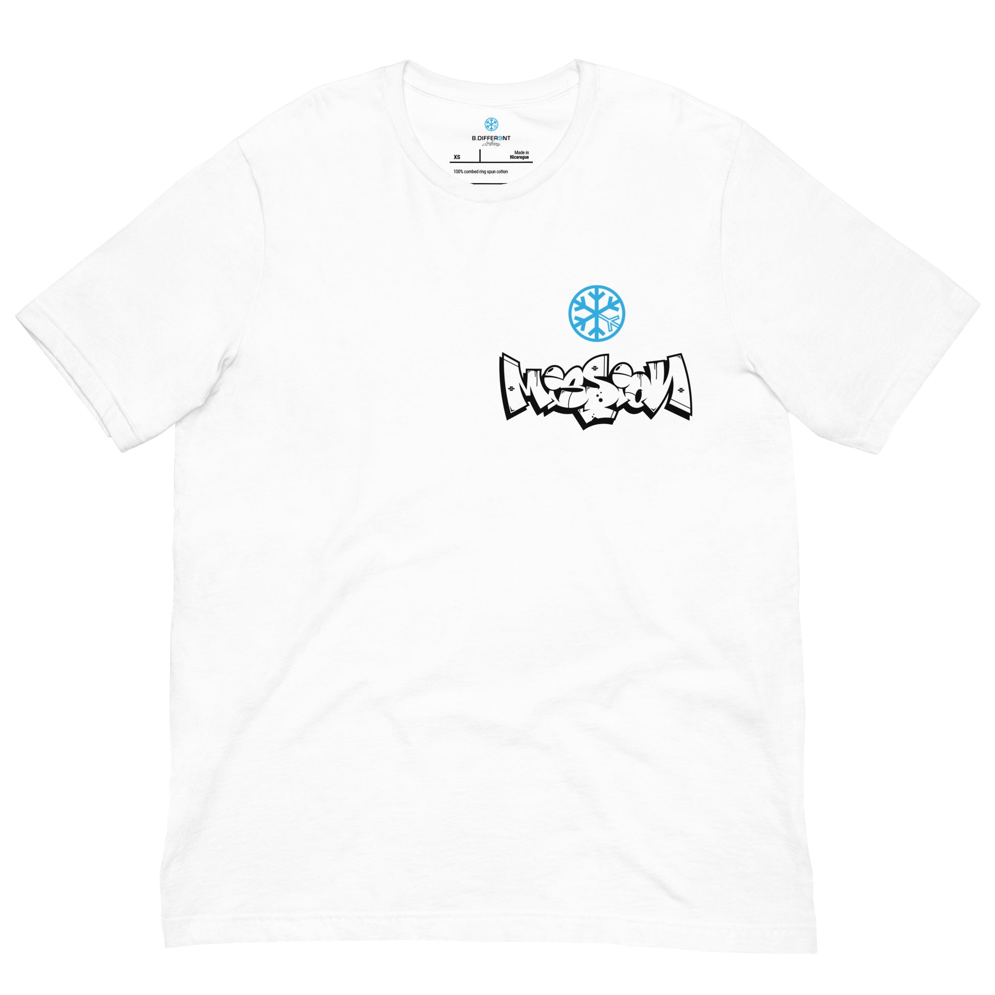 White-Mission Graffiti Character Tee from B.Different Clothing, front view, graffiti-inspired streetwear t-shirt