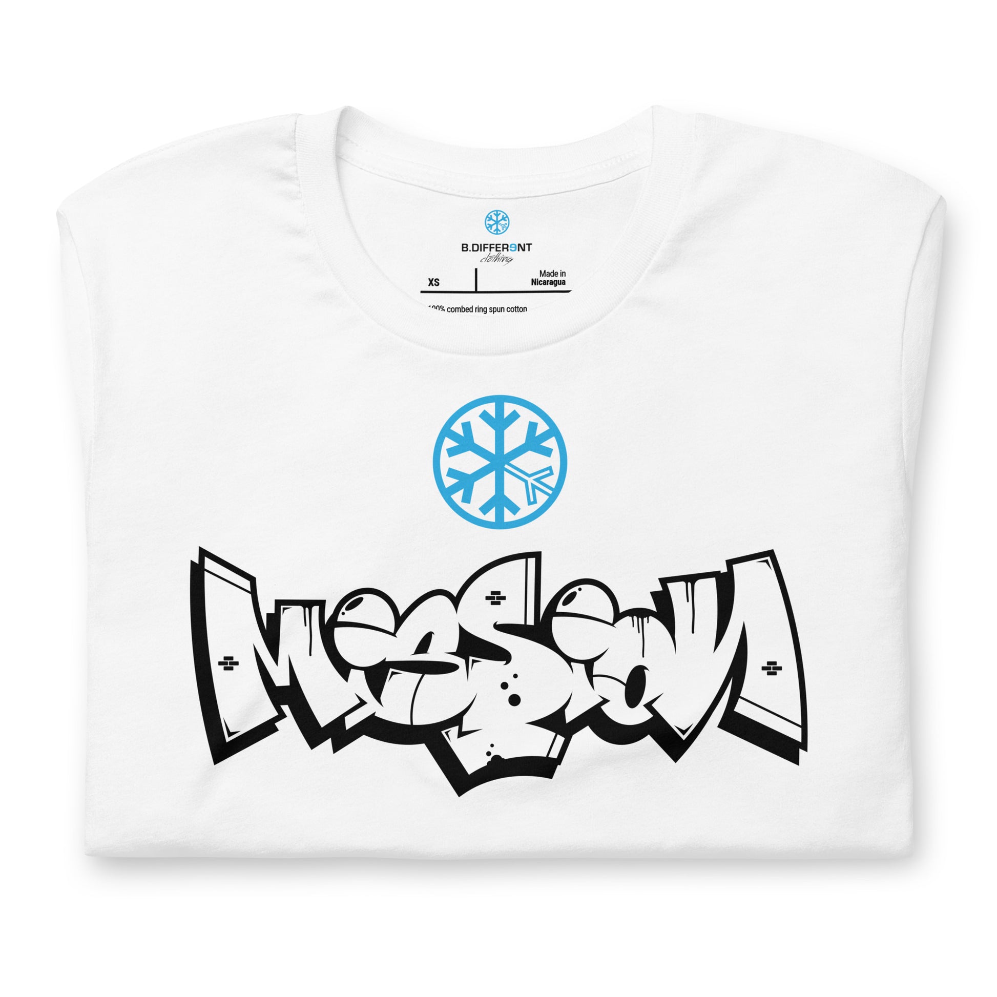 White-Mission Graffiti Piece Tee from B.Different Clothing, folded, graffiti-inspired streetwear t-shirt