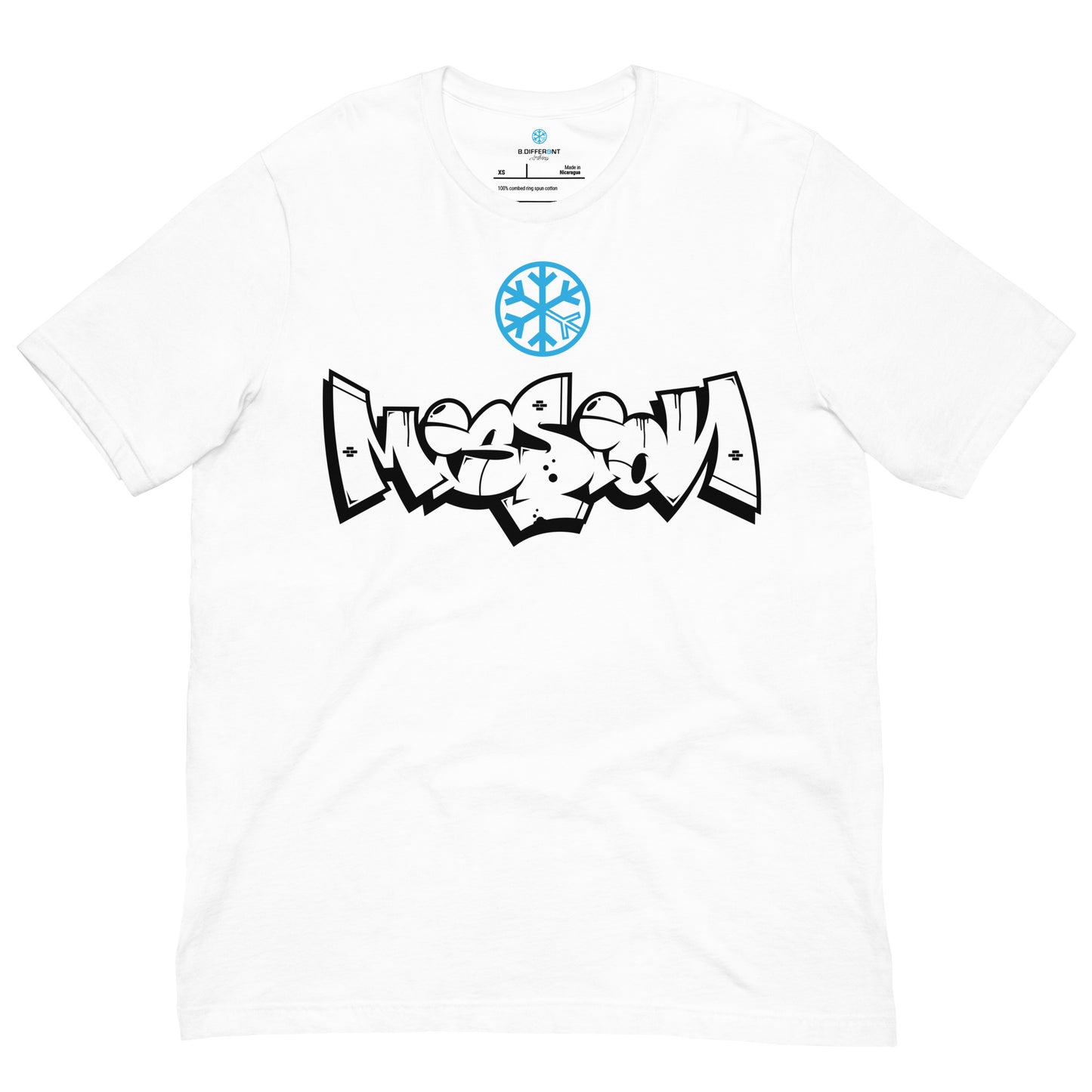 White-Mission Graffiti Piece Tee from B.Different Clothing, front view, graffiti-inspired streetwear t-shirt