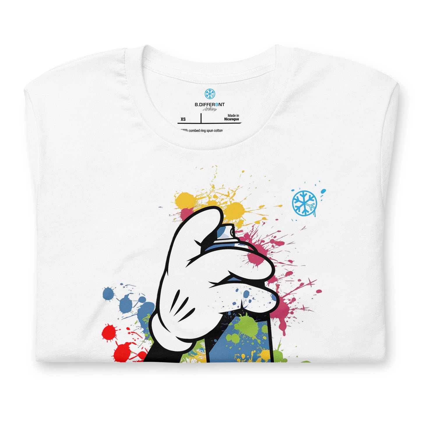 White-Hand Spray Can Graffiti Tee from B.Different Clothing, folded, graffiti-inspired streetwear t-shirt