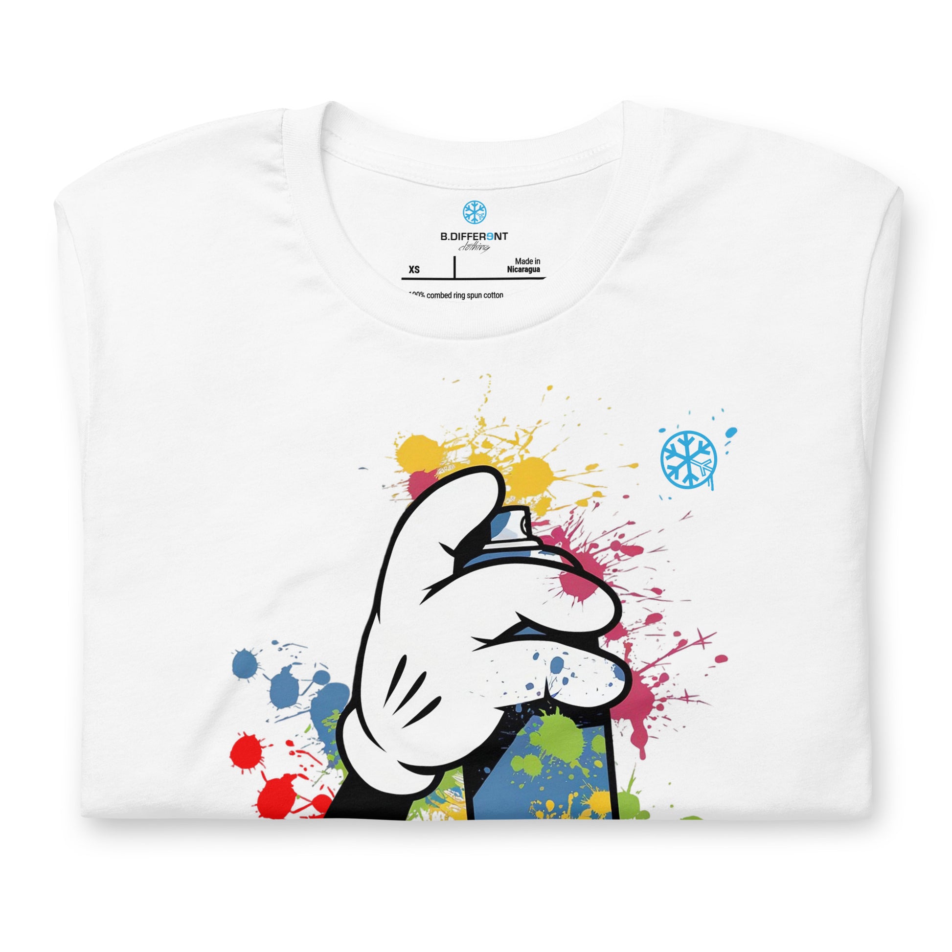 White-Hand Spray Can Graffiti Tee from B.Different Clothing, folded, graffiti-inspired streetwear t-shirt
