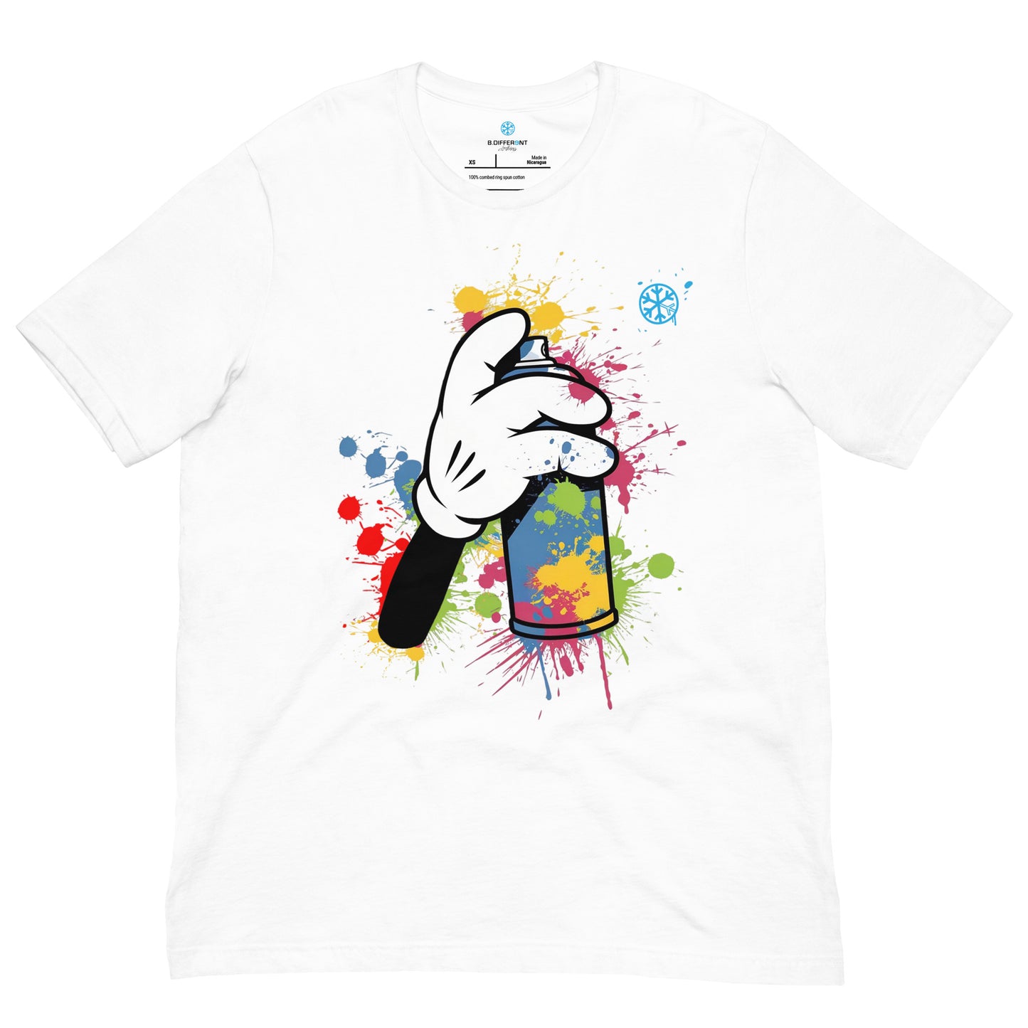 White-Hand Spray Can Graffiti Tee from B.Different Clothing, front view, graffiti-inspired streetwear t-shirt
