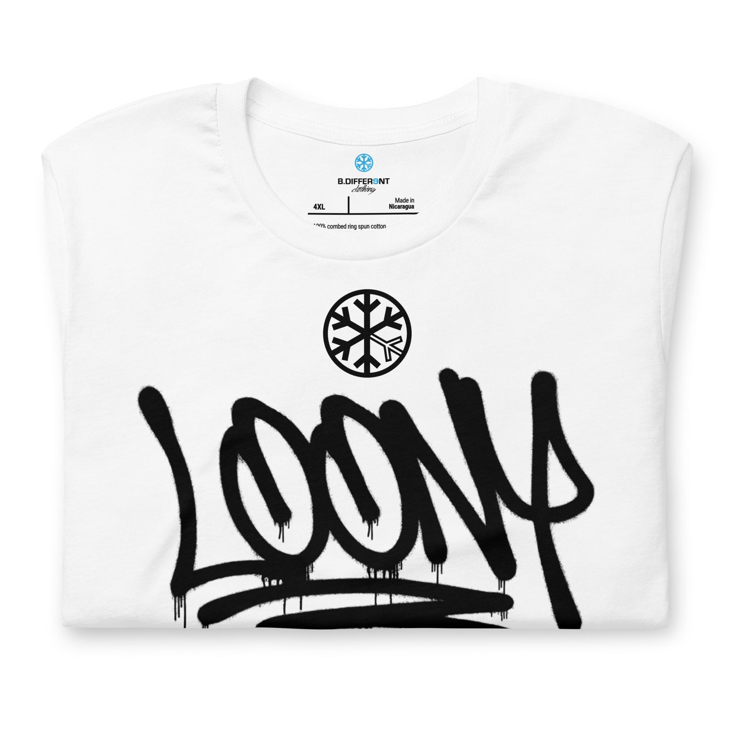 White-Loony Graffiti Tag Tee from B.Different Clothing, folded, graffiti-inspired streetwear t-shirt