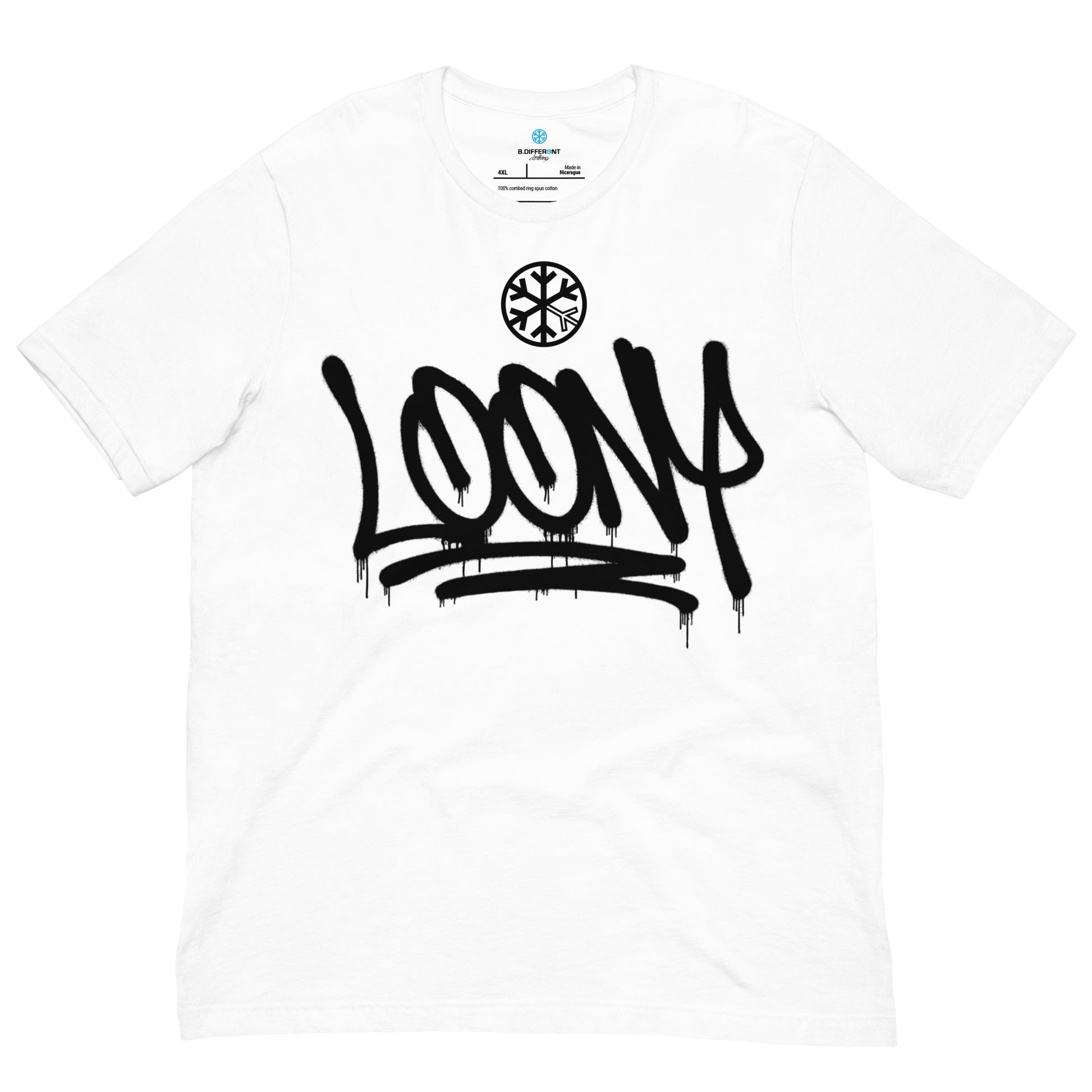 White-Loony Graffiti Tag Tee from B.Different Clothing, front view, graffiti-inspired streetwear t-shirt