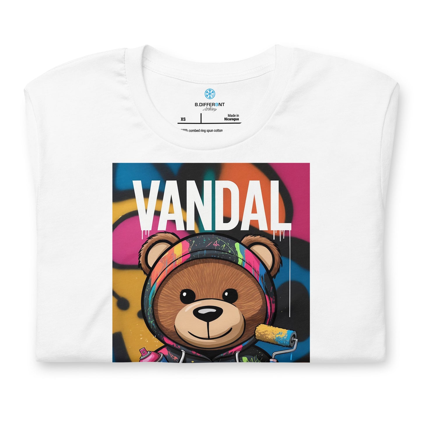 White-Vandal Teddy Bear Graffiti Tee from B.Different Clothing, folded, graffiti-inspired streetwear