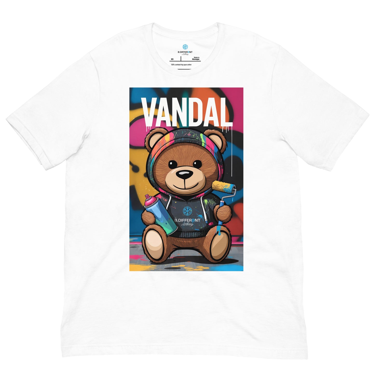 White-Vandal Teddy Bear Graffiti Tee from B.Different Clothing, front view, graffiti-inspired streetwear