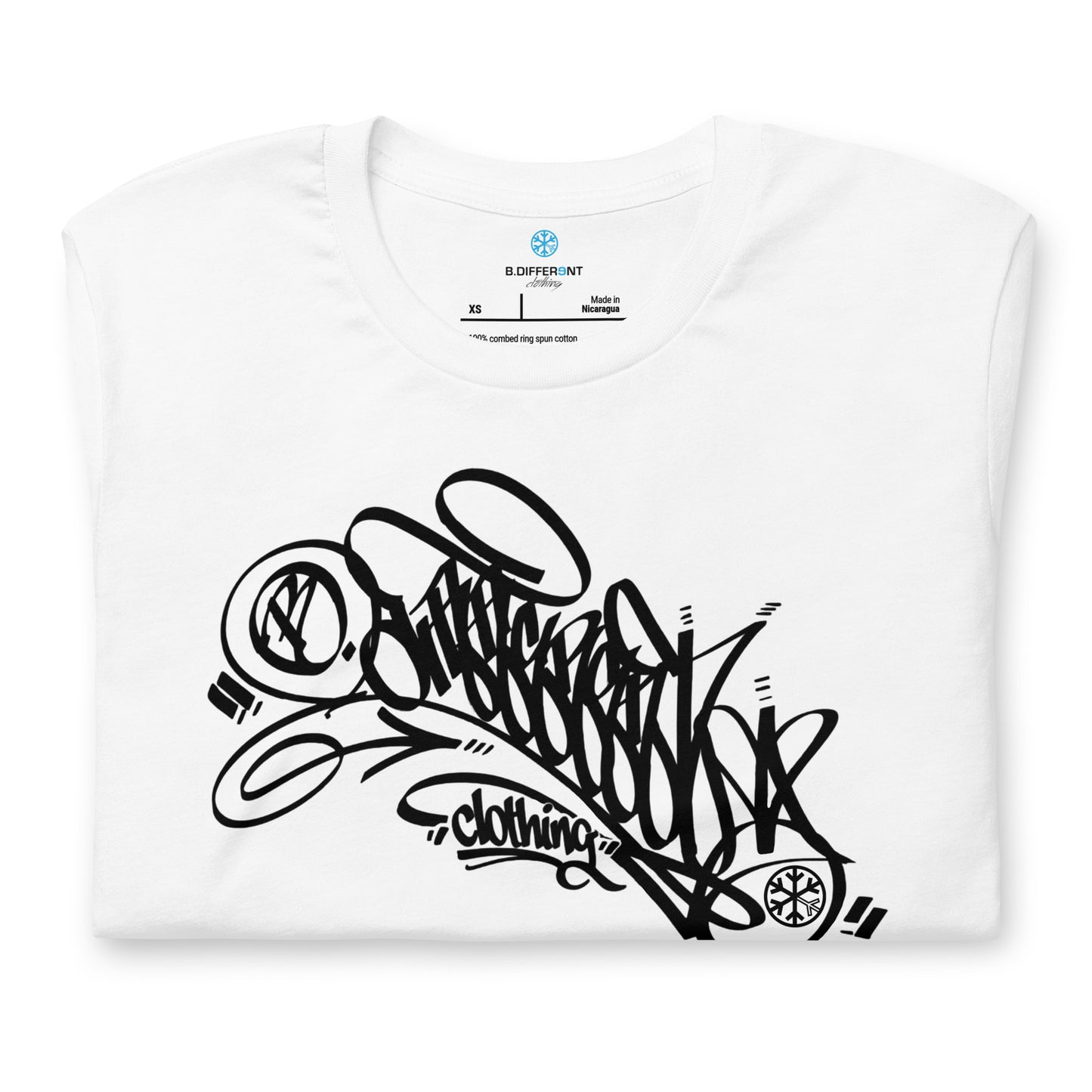 White-B.Different Clothing Graffiti Tag Tee from B.Different Clothing, folded, graffiti-inspired streetwear t-shirt