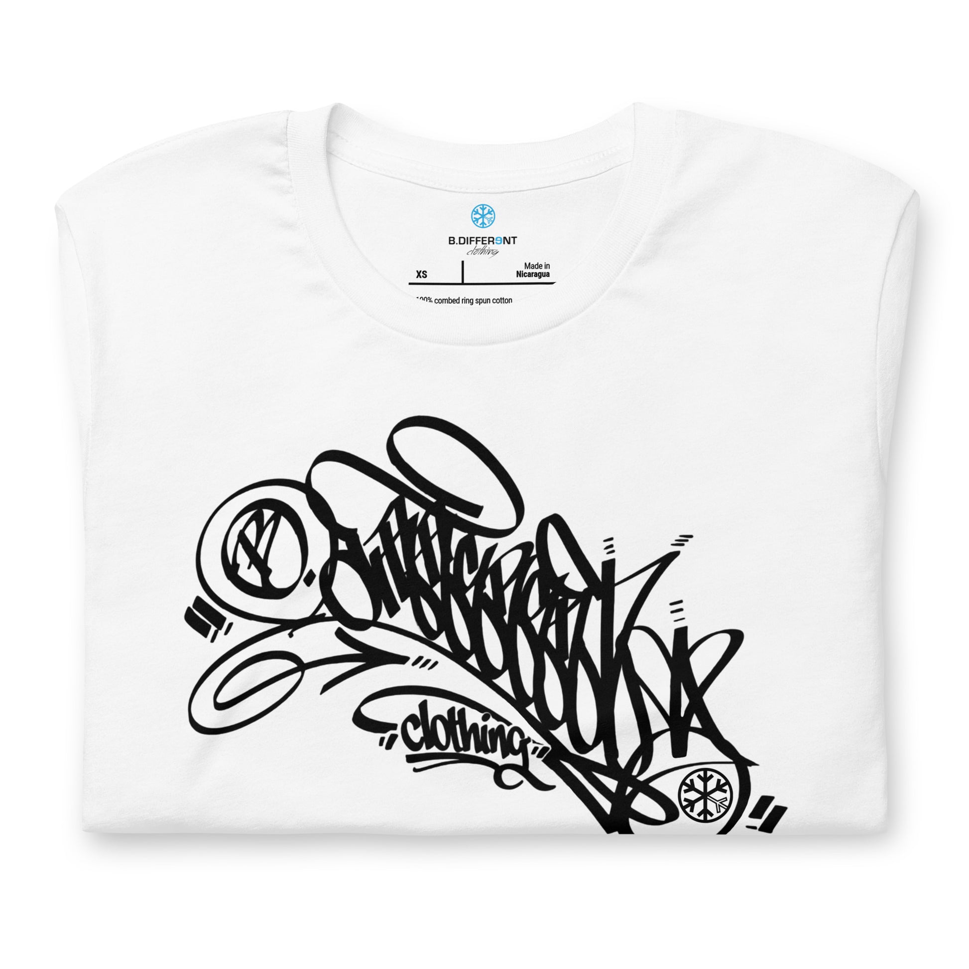 White-B.Different Clothing Graffiti Tag Tee from B.Different Clothing, folded, graffiti-inspired streetwear t-shirt