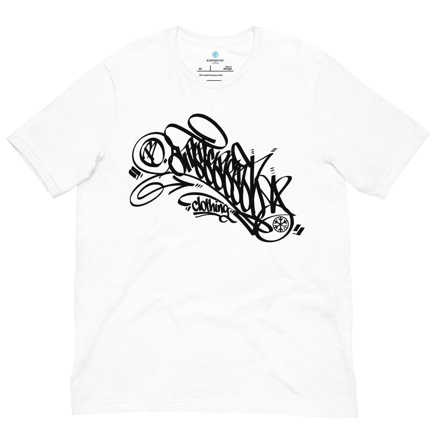 White-B.Different Clothing Graffiti Tag Tee from B.Different Clothing, front view, graffiti-inspired streetwear t-shirt