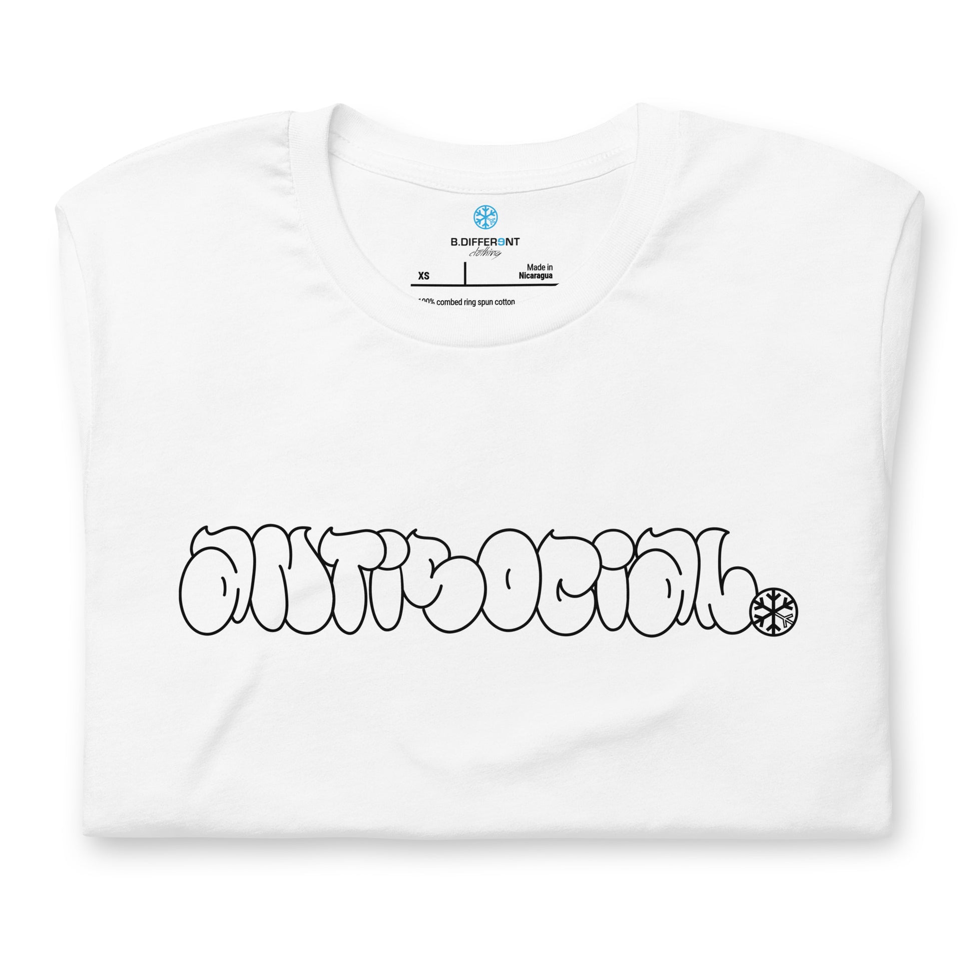 White-Antisocial Graffiti Hollow Tee from B.Different Clothing, folded, graffiti-inspired streetwear t-shirt