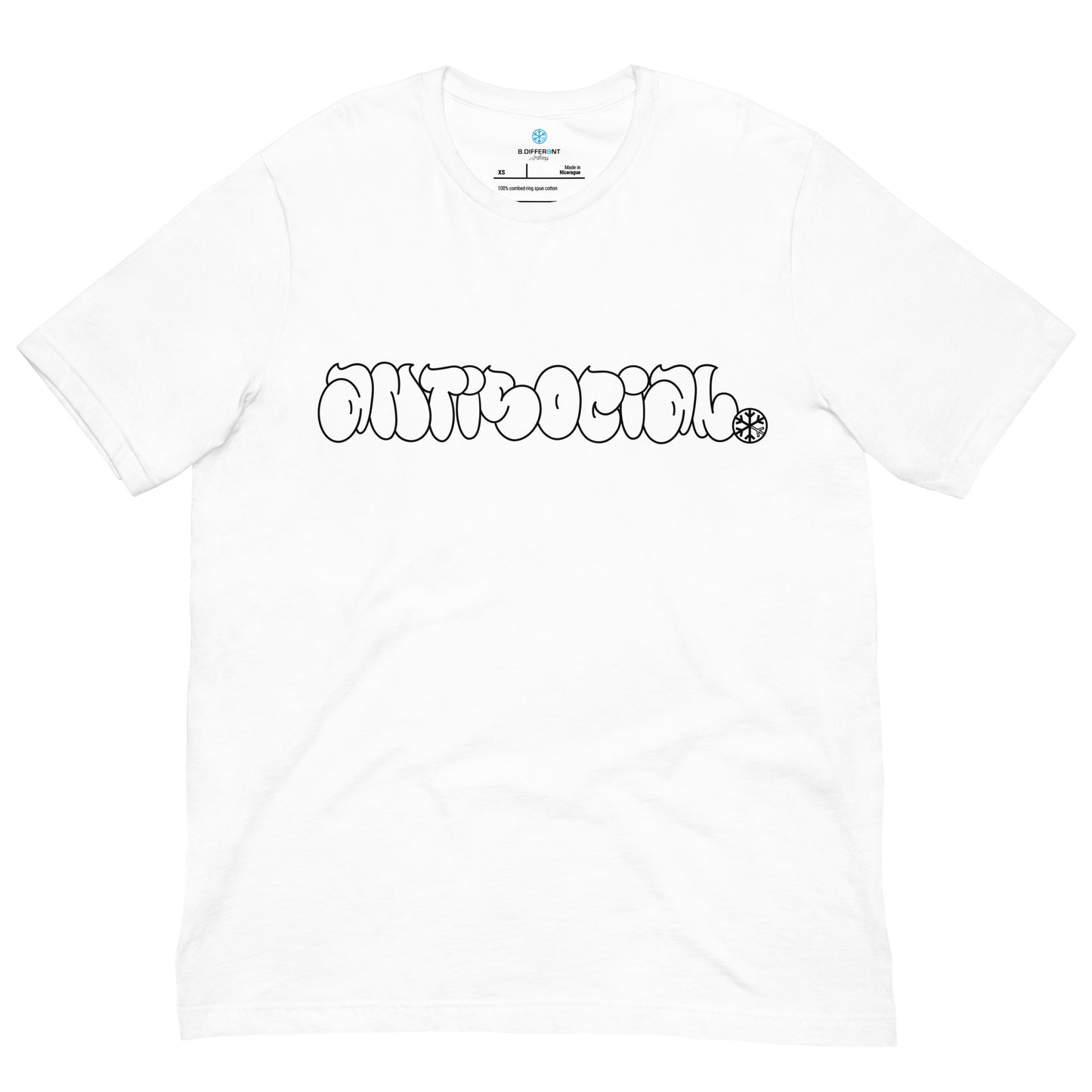 White-Antisocial Graffiti Hollow Tee from B.Different Clothing, front view, graffiti-inspired streetwear t-shirt