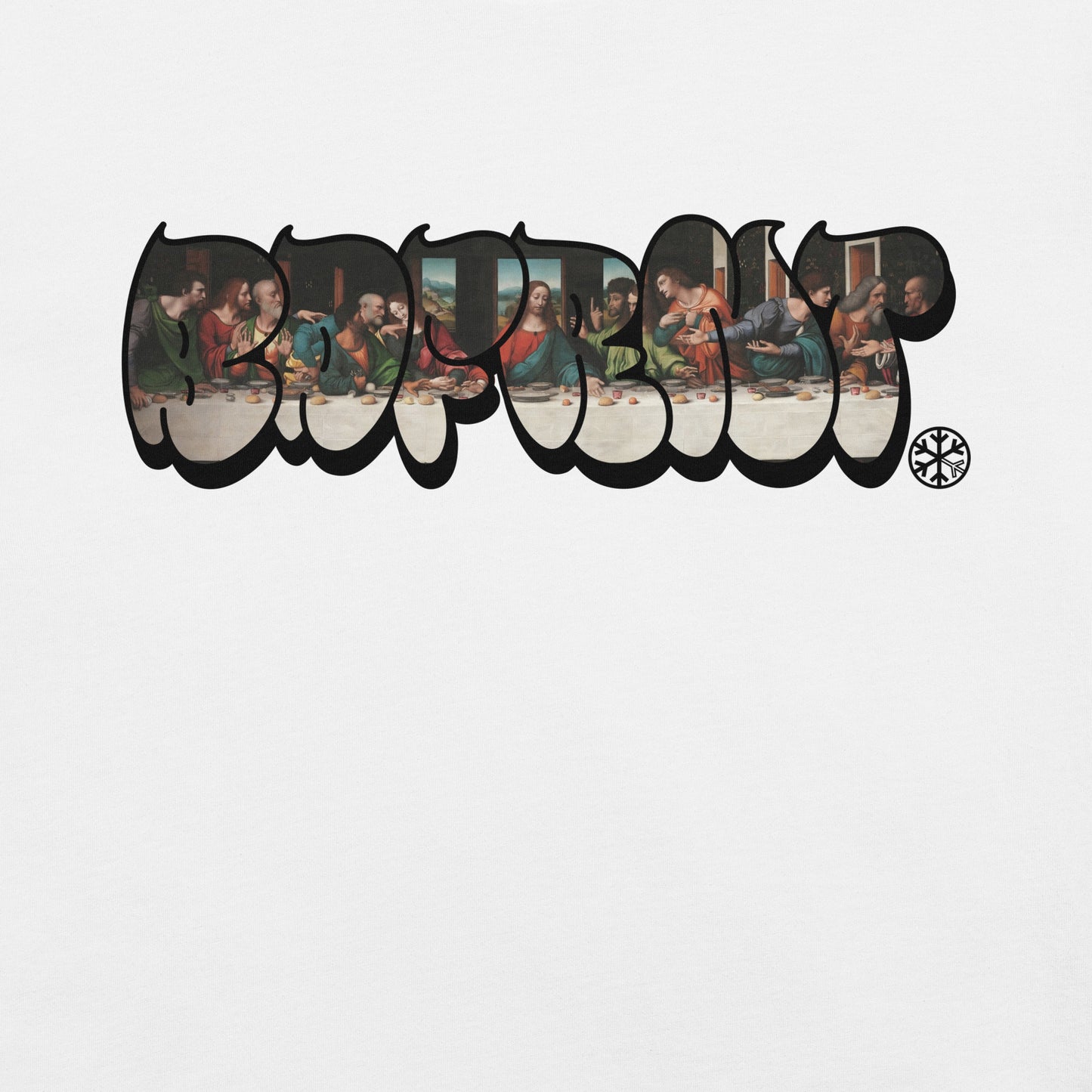 White-BDFRNT Throwie x Last Supper Graffiti Tee from B.Different Clothing, graphic, graffiti-inspired streetwear t-shirt