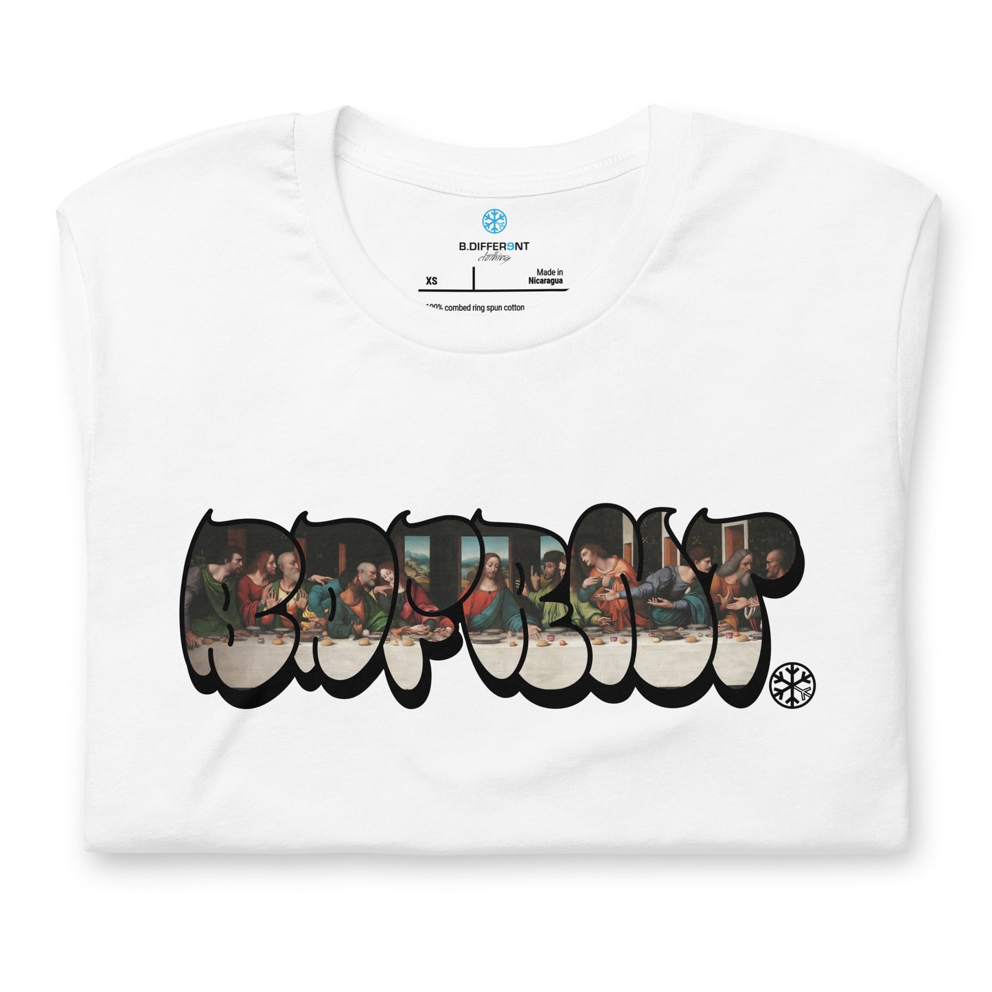 White-BDFRNT Throwie x Last Supper Graffiti Tee from B.Different Clothing, folded, graffiti-inspired streetwear t-shirt