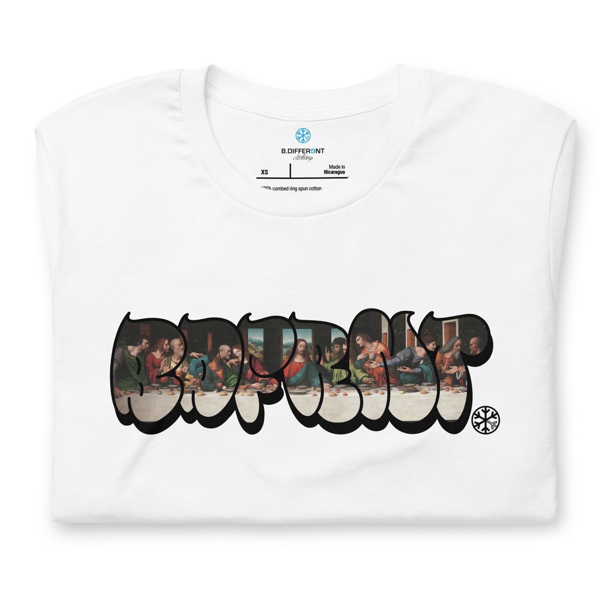 White-BDFRNT Throwie x Last Supper Graffiti Tee from B.Different Clothing, folded, graffiti-inspired streetwear t-shirt