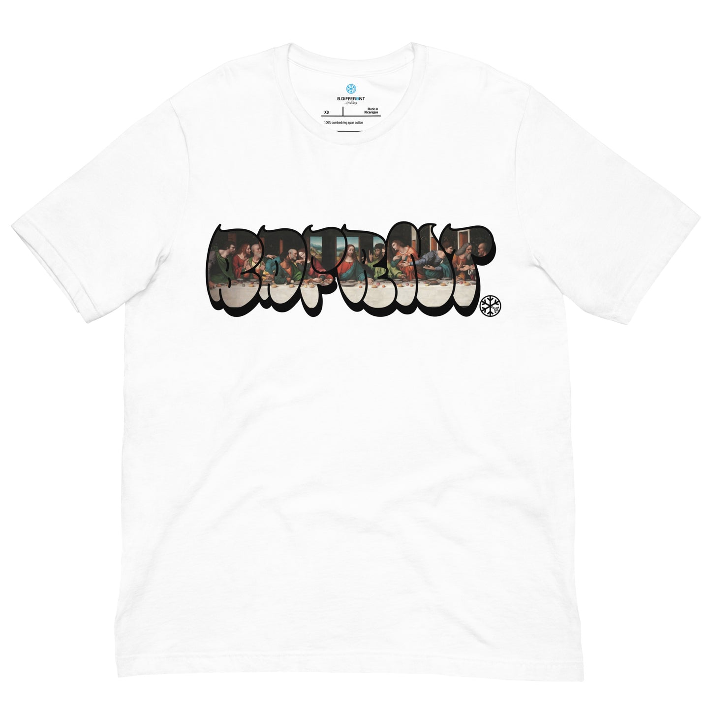 White-BDFRNT Throwie x Last Supper Graffiti Tee from B.Different Clothing, front view, graffiti-inspired streetwear t-shirt