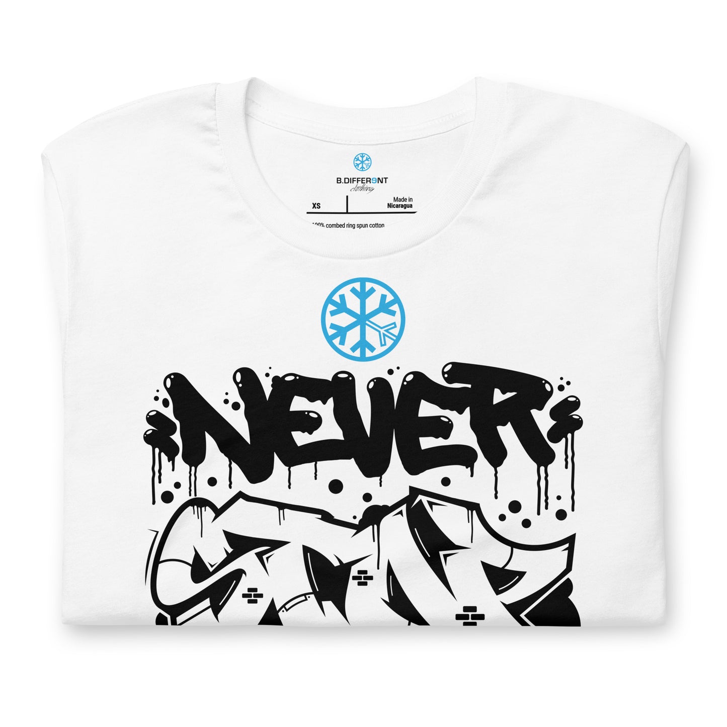 White-Never Stop Graffiti Piece Tee from B.Different Clothing, folded, graffiti-inspired streetwear t-shirt