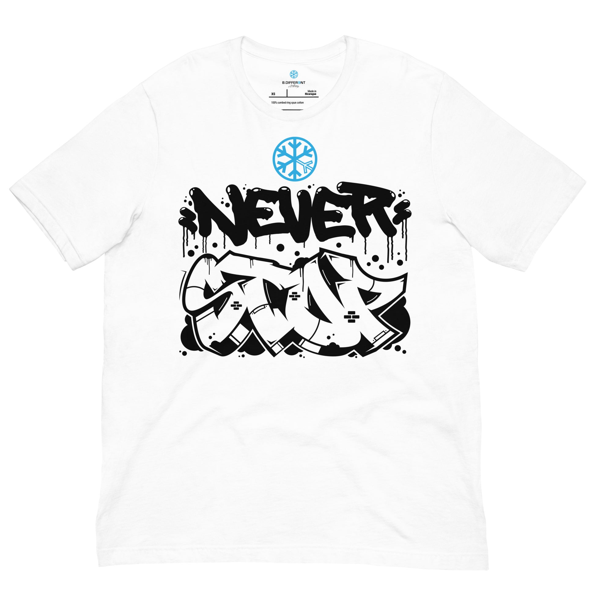 White-Never Stop Graffiti Piece Tee from B.Different Clothing, front view, graffiti-inspired streetwear t-shirt