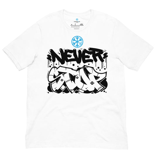 White-Never Stop Graffiti Piece Tee from B.Different Clothing, front view, graffiti-inspired streetwear t-shirt