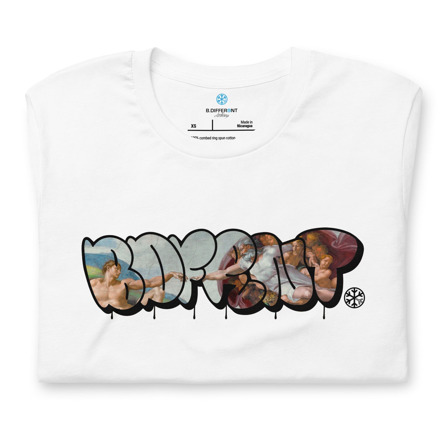 White-BDFRNT Throwie x Creation of Adam Graffiti Tee from B.Different Clothing, folded, graffiti-inspired streetwear t-shirt