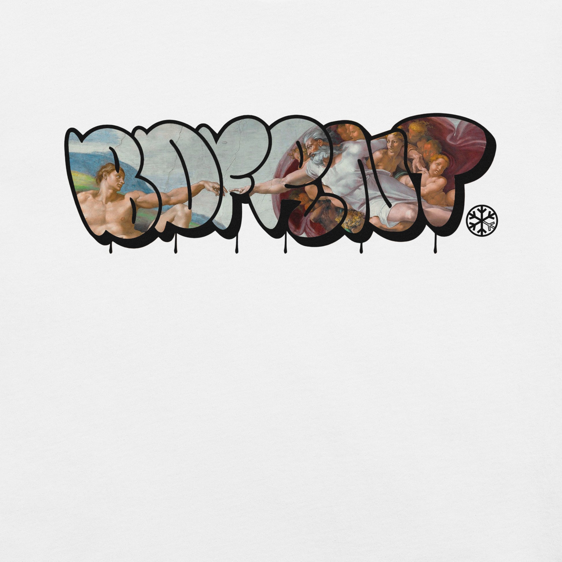 White-BDFRNT Throwie x Creation of Adam Graffiti Tee from B.Different Clothing, graphic, graffiti-inspired streetwear t-shirt