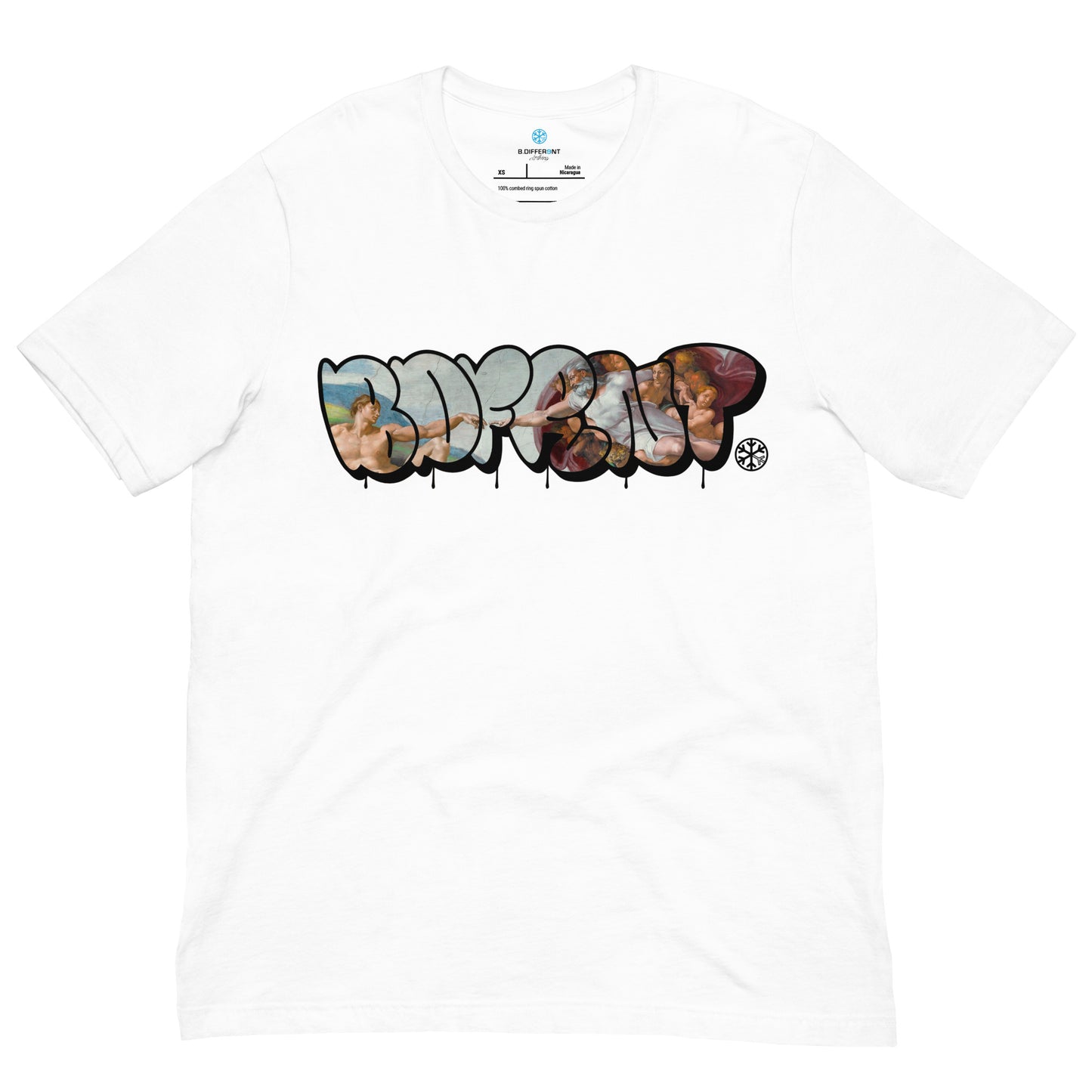 White-BDFRNT Throwie x Creation of Adam Graffiti Tee from B.Different Clothing, front view, graffiti-inspired streetwear t-shirt