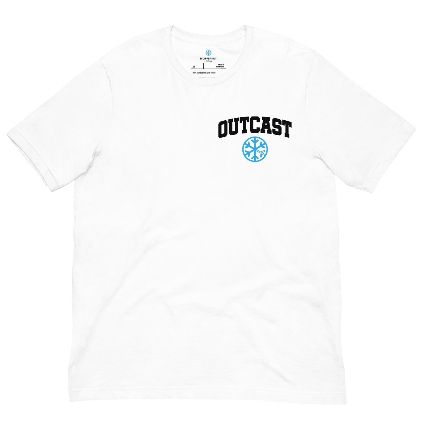 White-Outcast Graffiti Character Tee from B.Different Clothing, front view, graffiti-inspired streetwear t-shirt