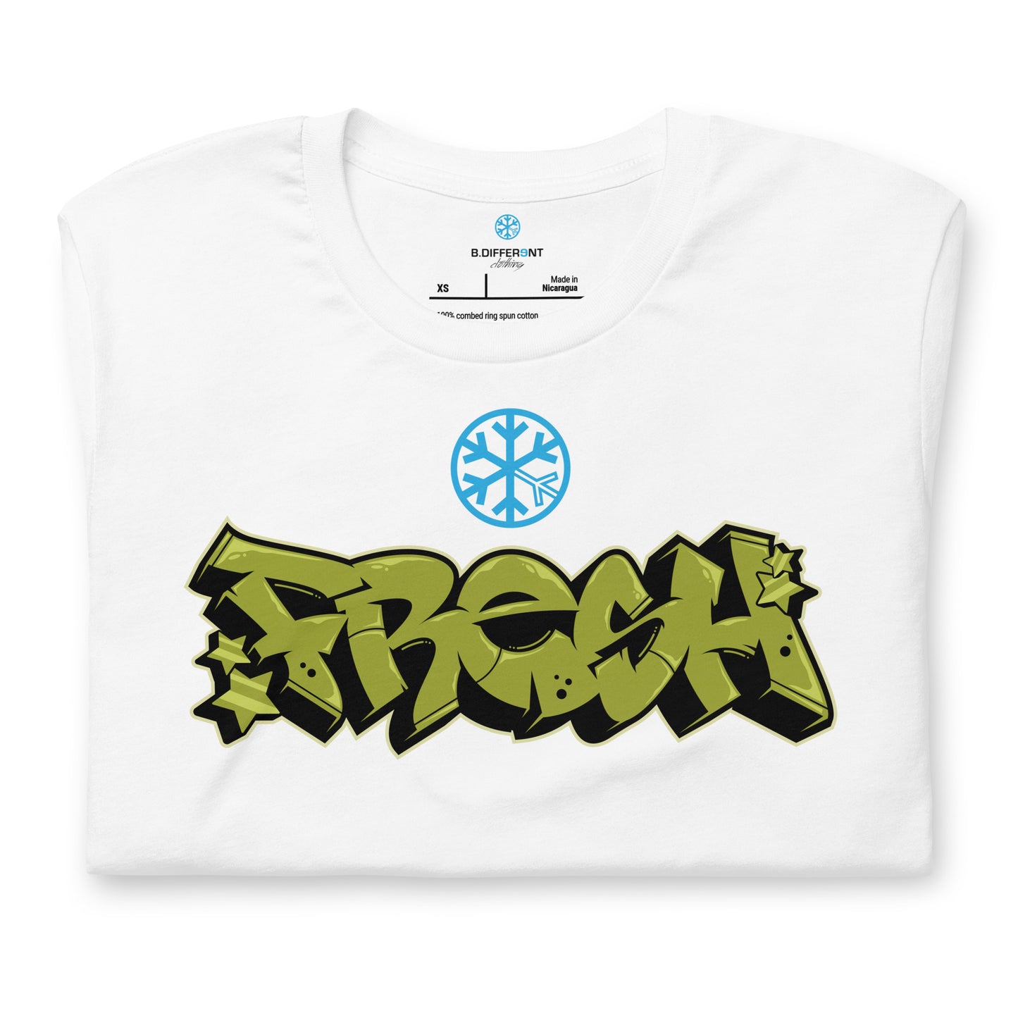 White-Fresh Graffiti Piece Tee from B.Different Clothing, folded, graffiti-inspired streetwear t-shirt