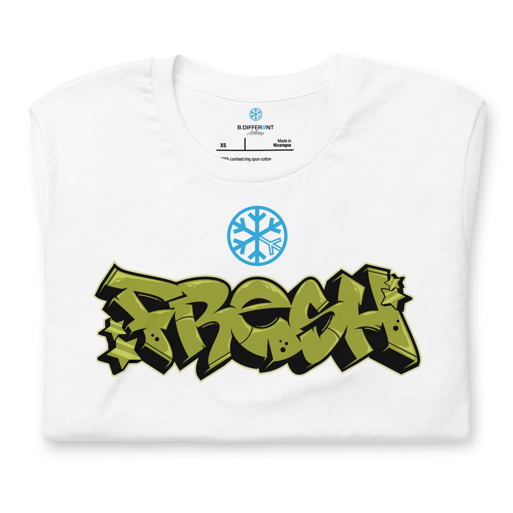 White-Fresh Graffiti Piece Tee from B.Different Clothing, folded, graffiti-inspired streetwear t-shirt