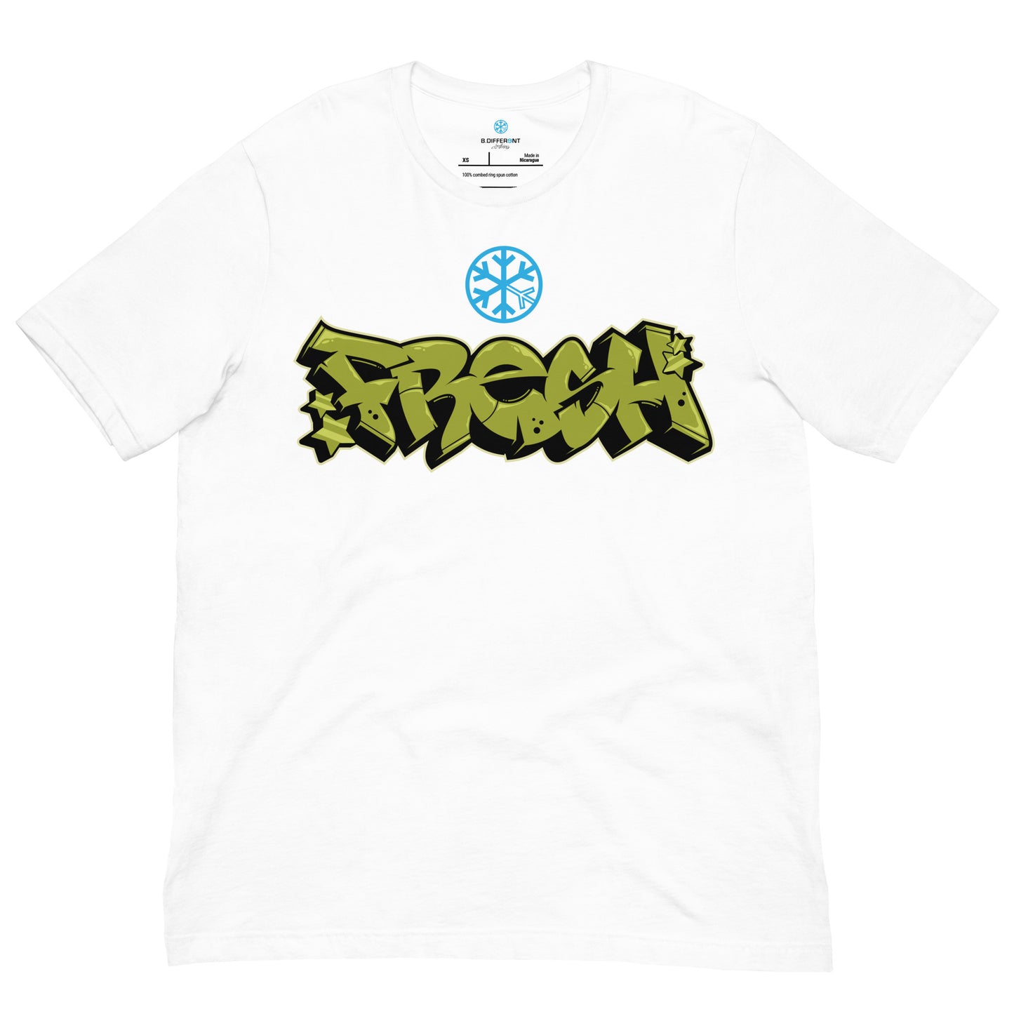 White-Fresh Graffiti Piece Tee from B.Different Clothing, front view, graffiti-inspired streetwear t-shirt