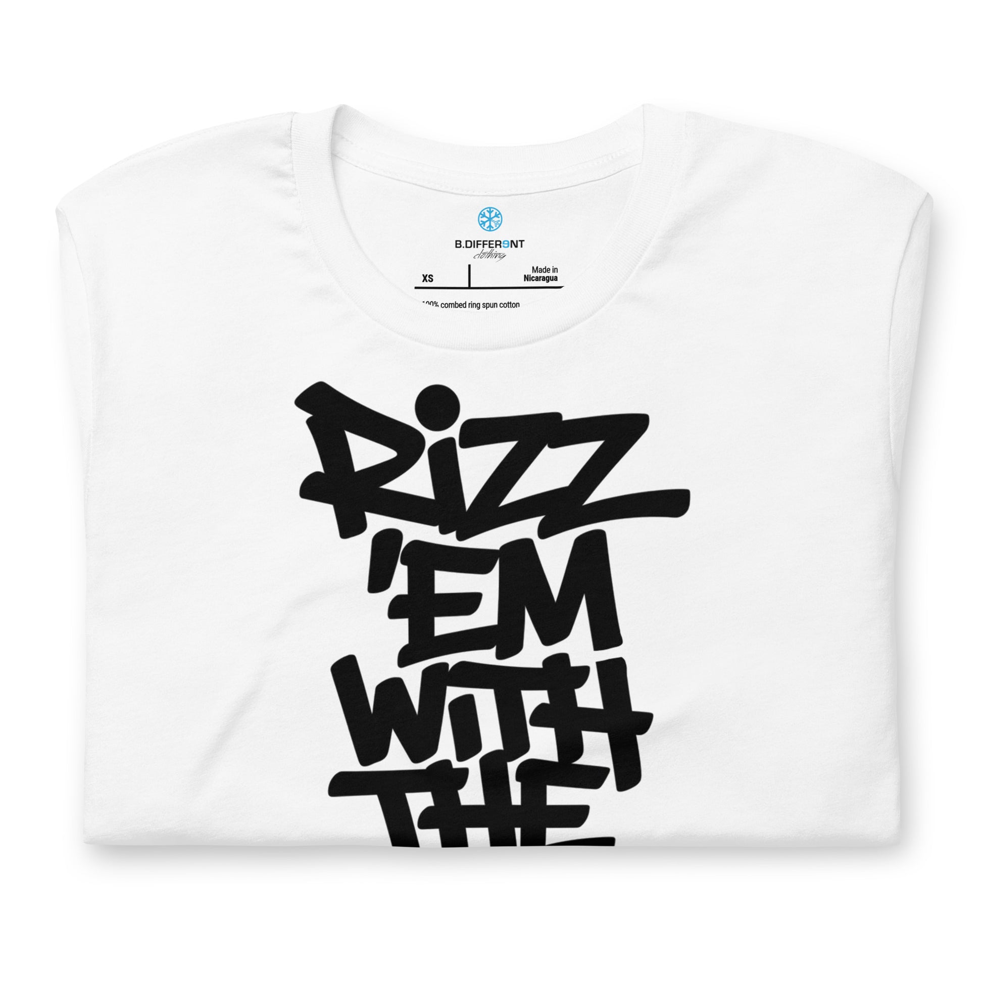 White-Rizz 'Em With The 'Tism Graffiti Tee from B.Different Clothing, folded, graffiti-inspired streetwear t-shirt