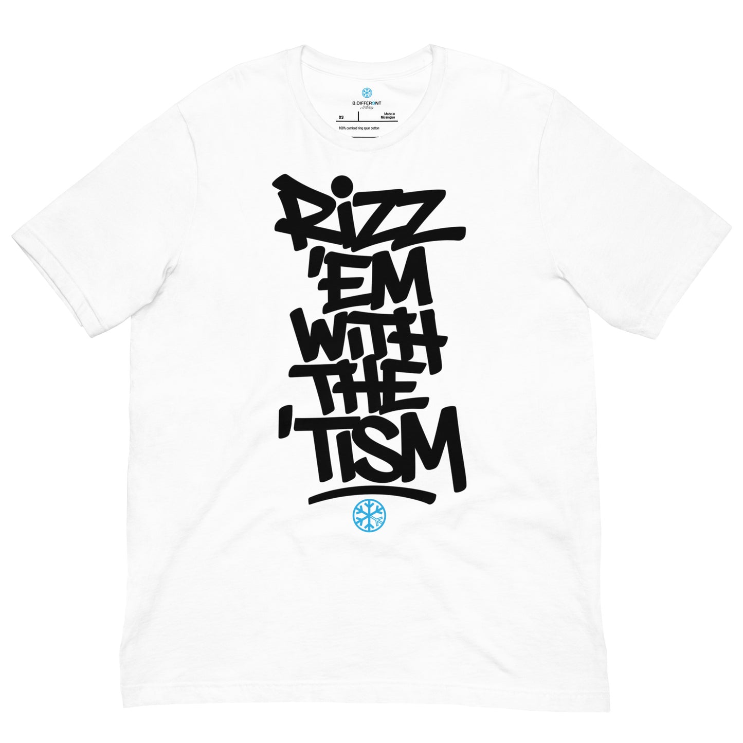 White-Rizz 'Em With The 'Tism Graffiti Tee from B.Different Clothing, front view, graffiti-inspired streetwear t-shirt