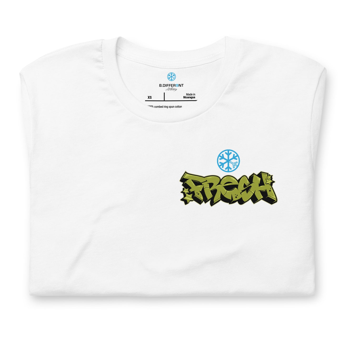 White-Fresh Graffiti Character Tee from B.Different Clothing, folded, graffiti-inspired streetwear t-shirt