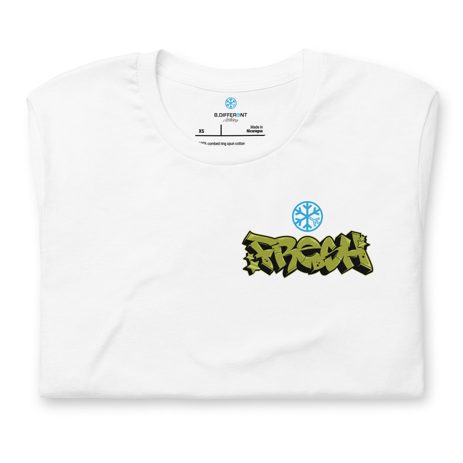 White-Fresh Graffiti Character Tee from B.Different Clothing, folded, graffiti-inspired streetwear t-shirt