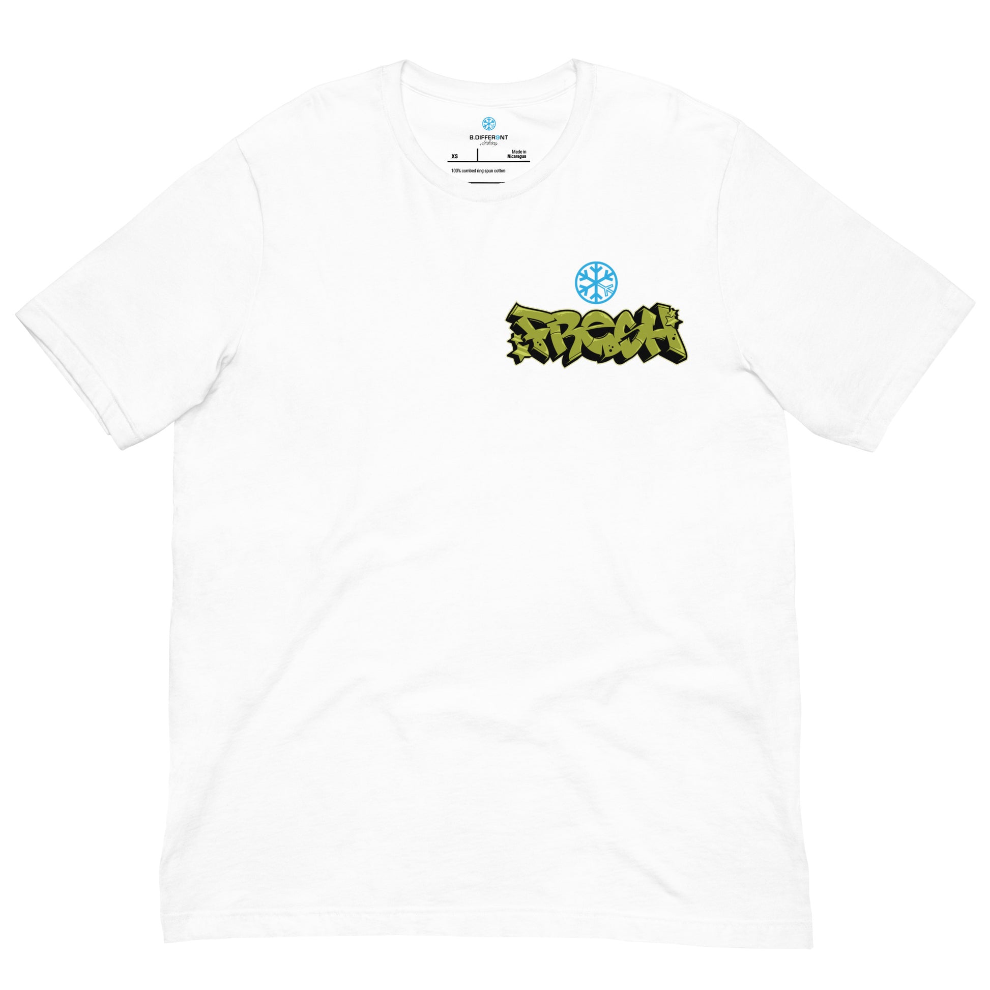White-Fresh Graffiti Character Tee from B.Different Clothing, front view, graffiti-inspired streetwear t-shirt
