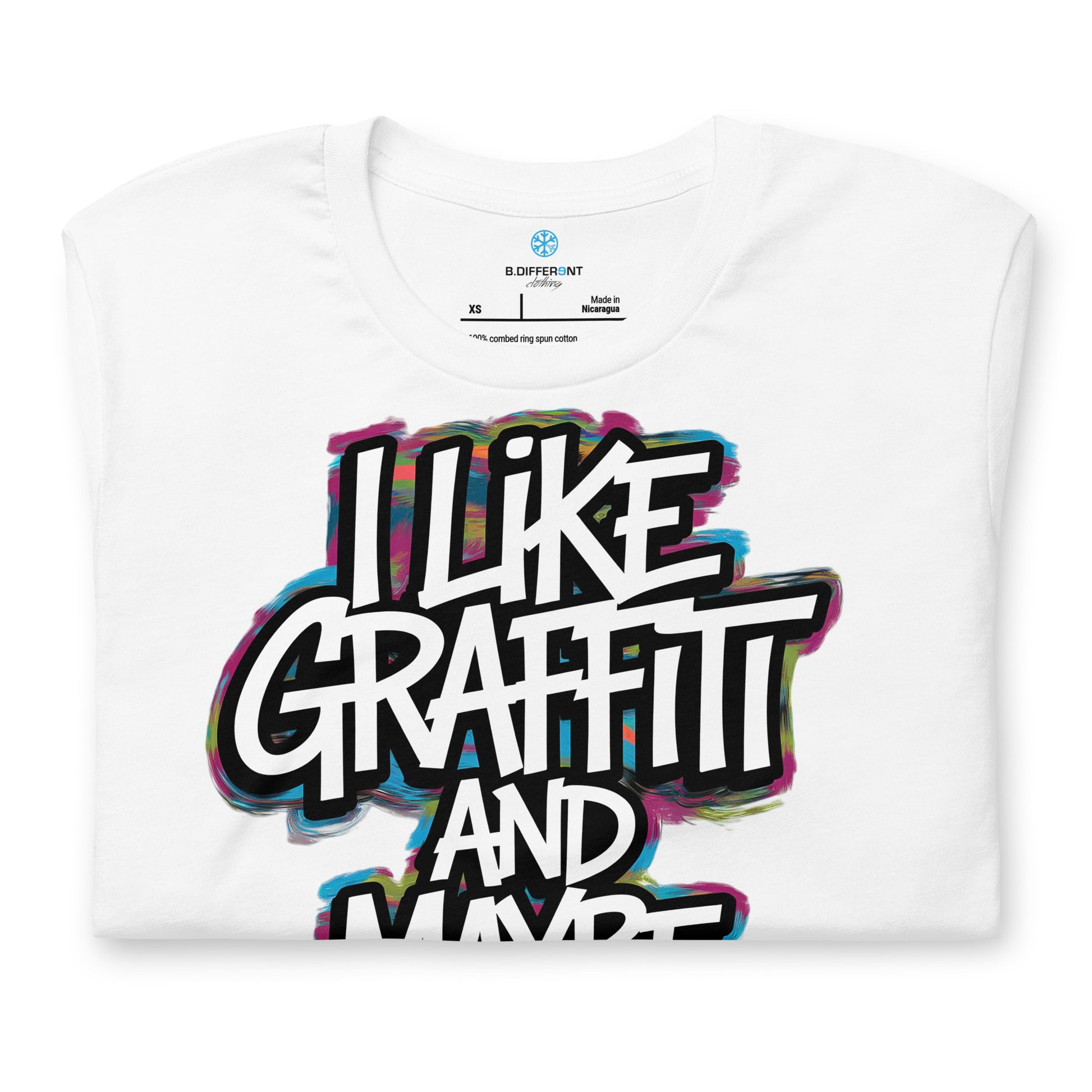 White-I Like Graffiti and Maybe 2 People Tee from B.Different Clothing, folded, graffiti-inspired streetwear t-shirt