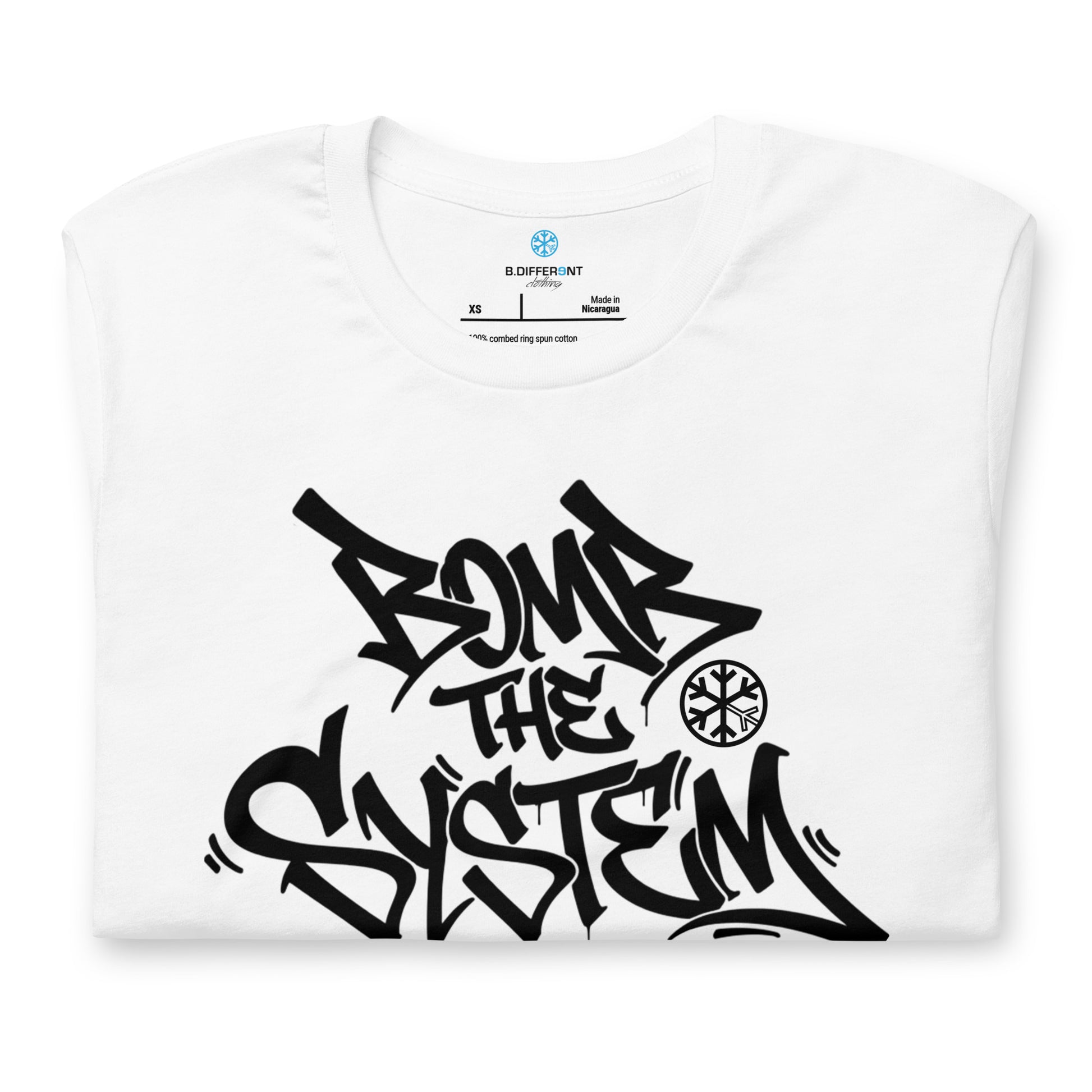 White-Bomb The System Graffiti Tee from B.Different Clothing, folded, graffiti-inspired streetwear t-shirt