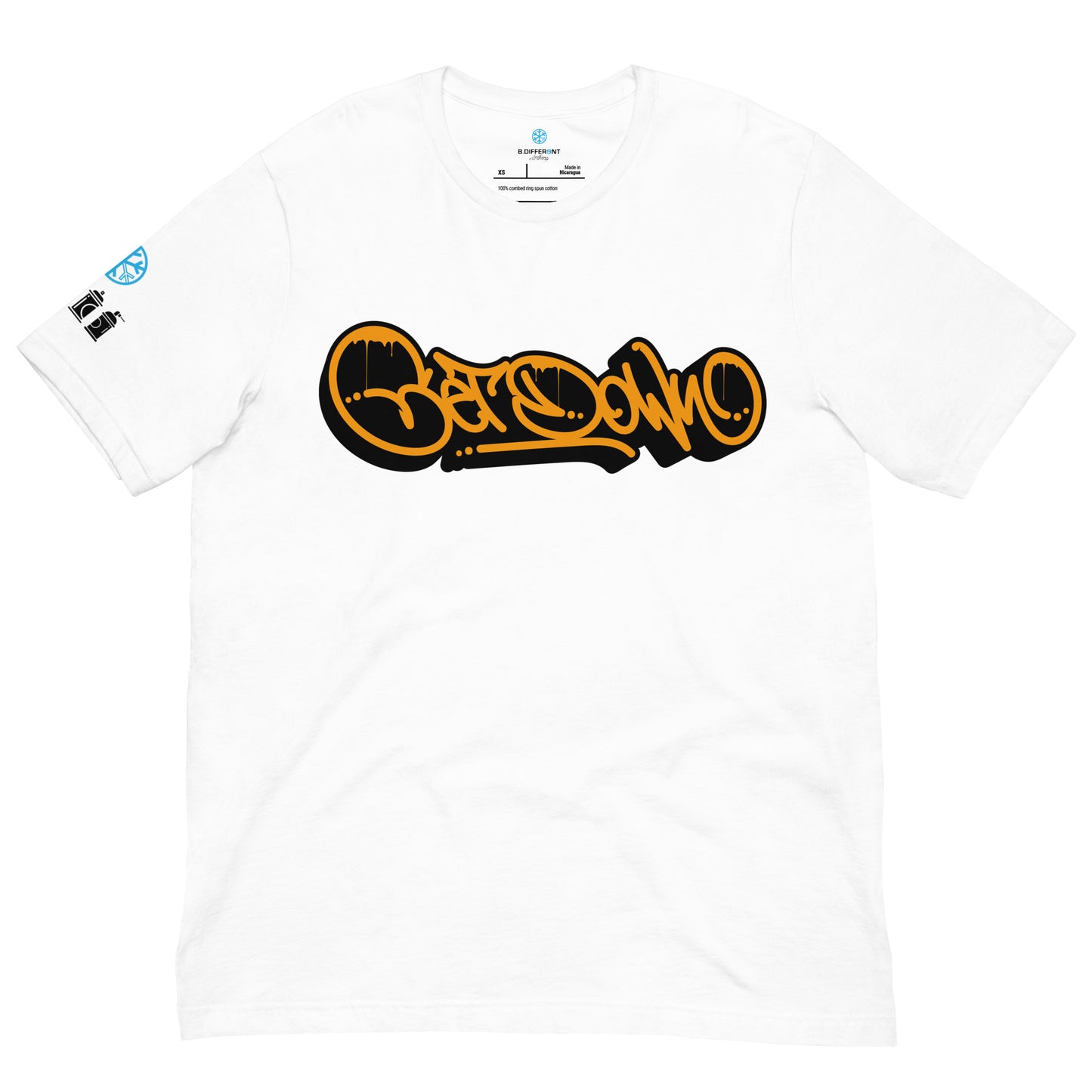 White-Get Down Graffiti Tag Tee from B.Different Clothing, front view, graffiti-inspired streetwear t-shirt