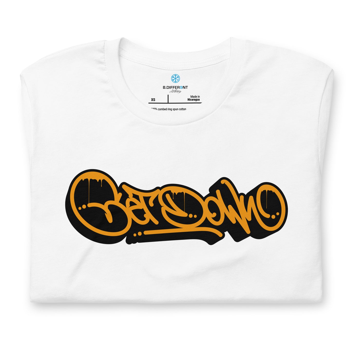 White-Get Down Graffiti Tag Tee from B.Different Clothing, folded, graffiti-inspired streetwear t-shirt