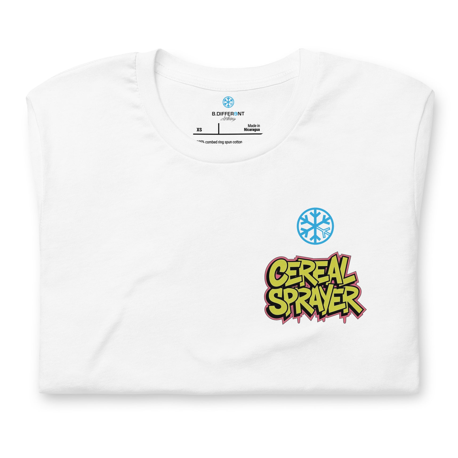 White-Cereal Sprayer Graffiti Tee from B.Different Clothing, folded, graffiti-inspired streetwear t-shirt
