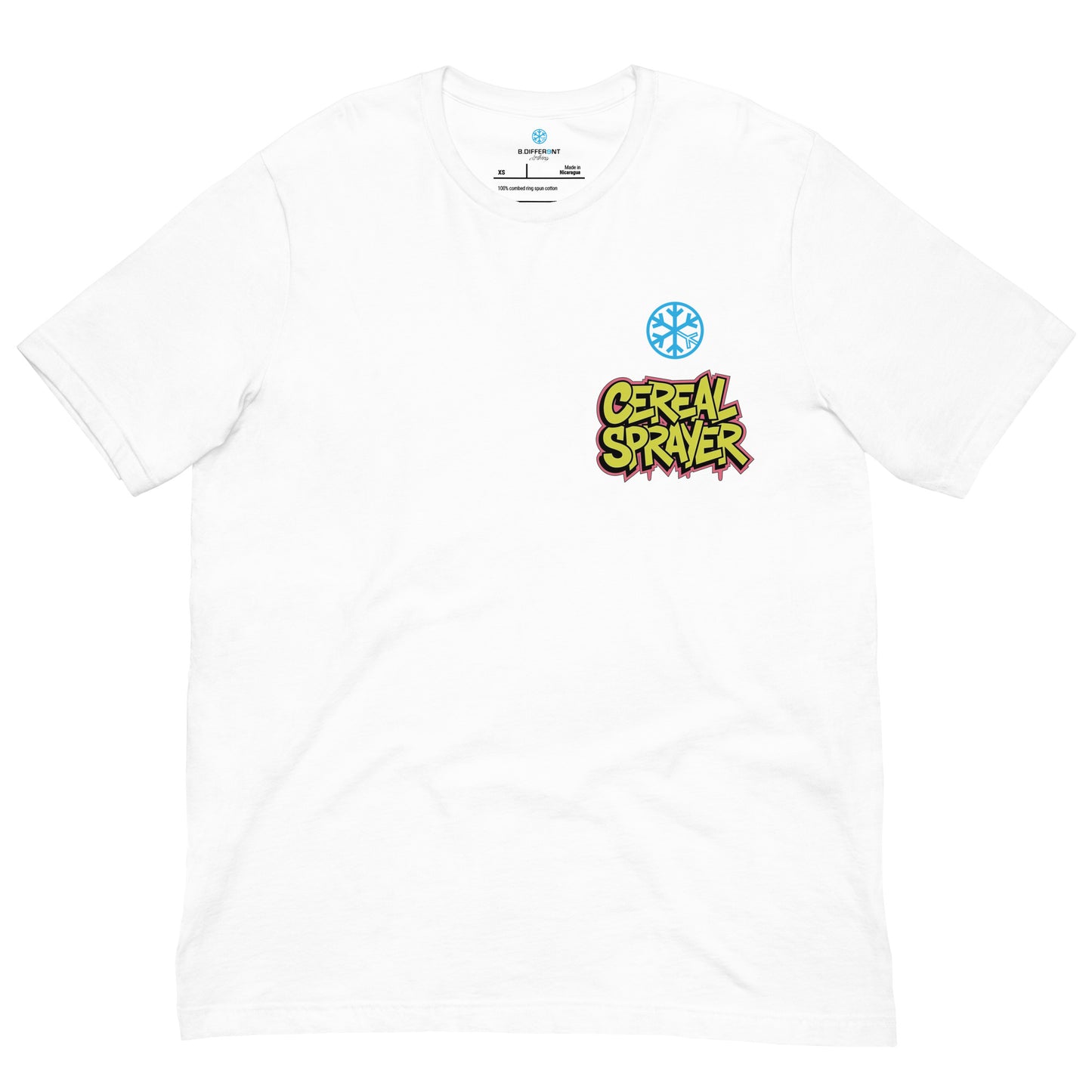 White-Cereal Sprayer Graffiti Tee from B.Different Clothing, front view, graffiti-inspired streetwear t-shirt