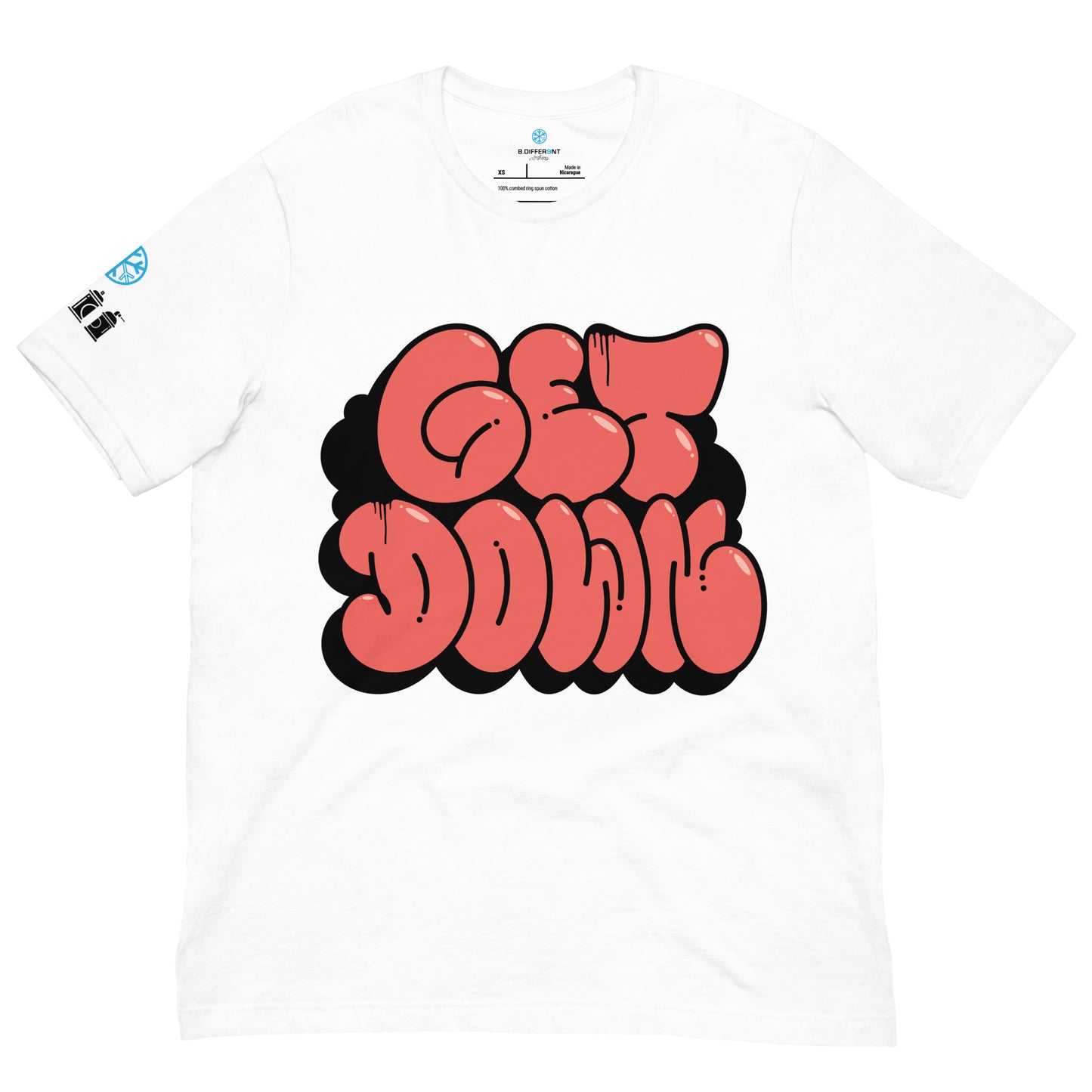 White-Get Down Graffiti Throw-up Tee from B.Different Clothing, front view, graffiti-inspired streetwear t-shirt