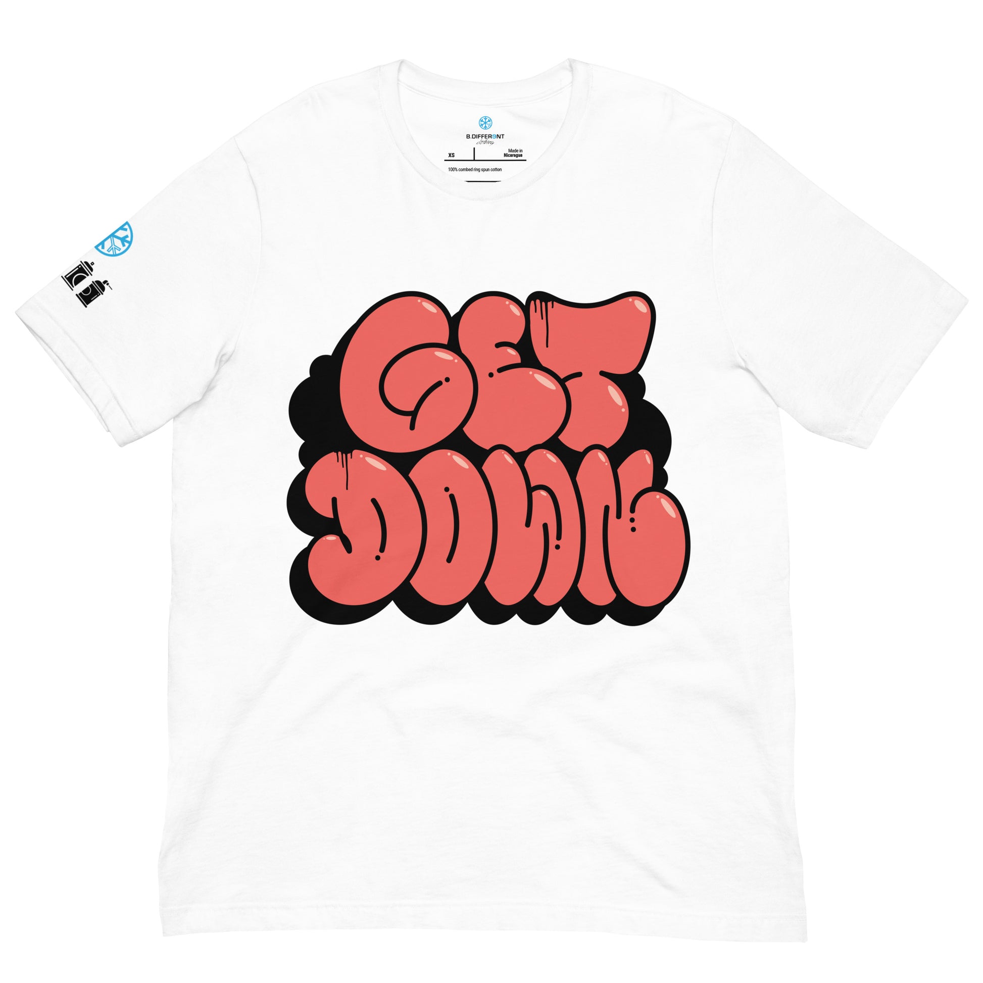White-Get Down Graffiti Throw-up Tee from B.Different Clothing, front view, graffiti-inspired streetwear t-shirt
