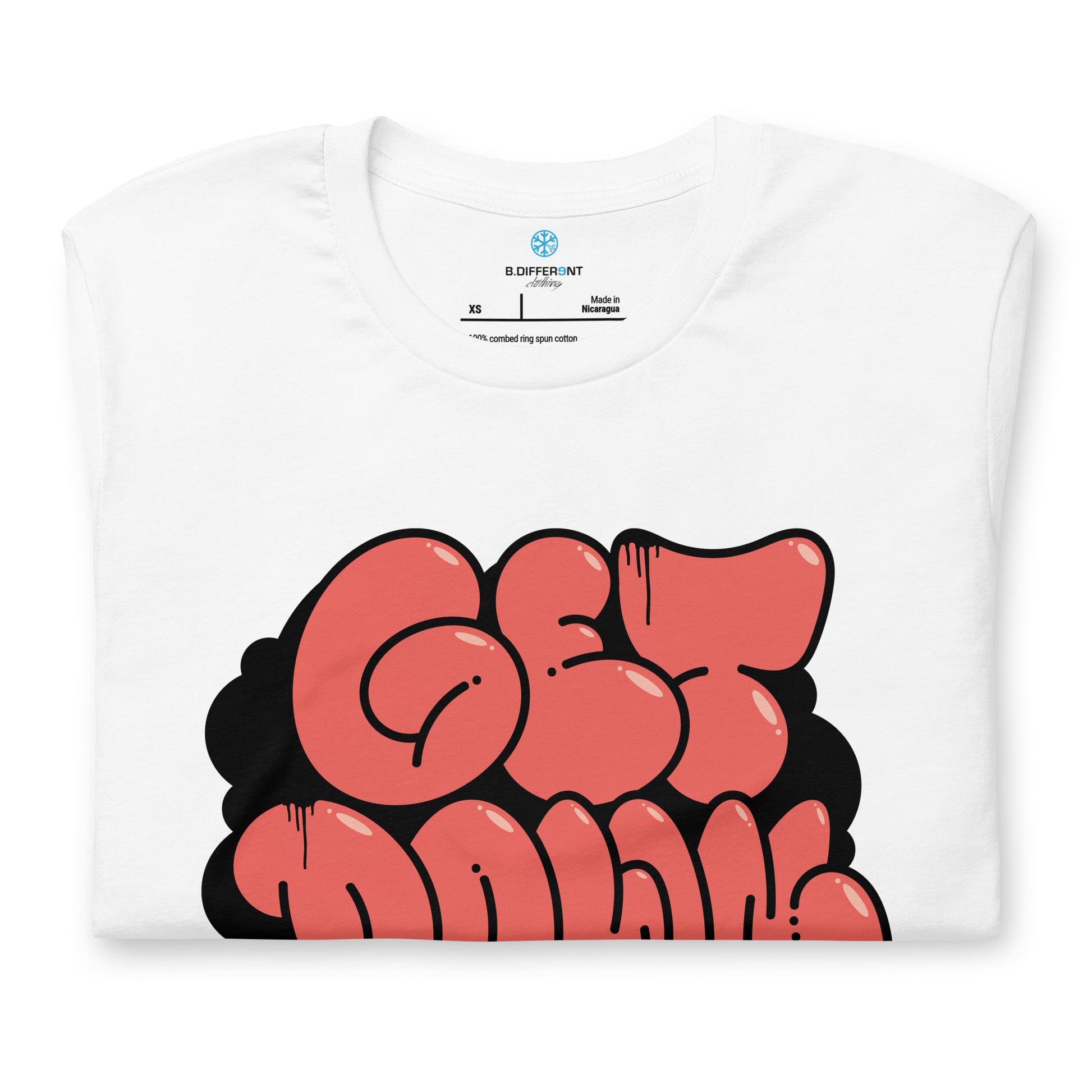White-Get Down Graffiti Throw-up Tee from B.Different Clothing, folded, graffiti-inspired streetwear t-shirt