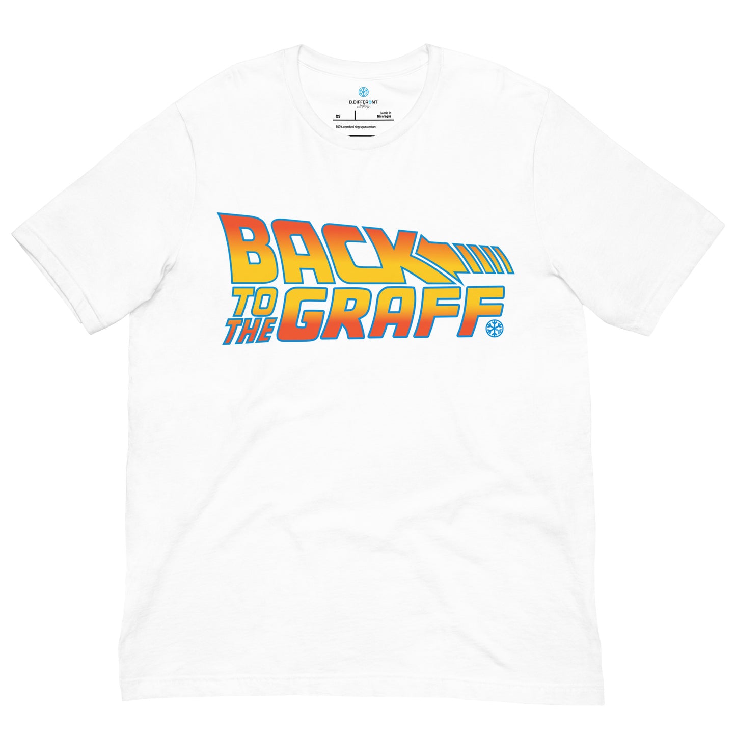 White-Back to the Graff Tee from B.Different Clothing, front view, graffiti-inspired streetwear t-shirt