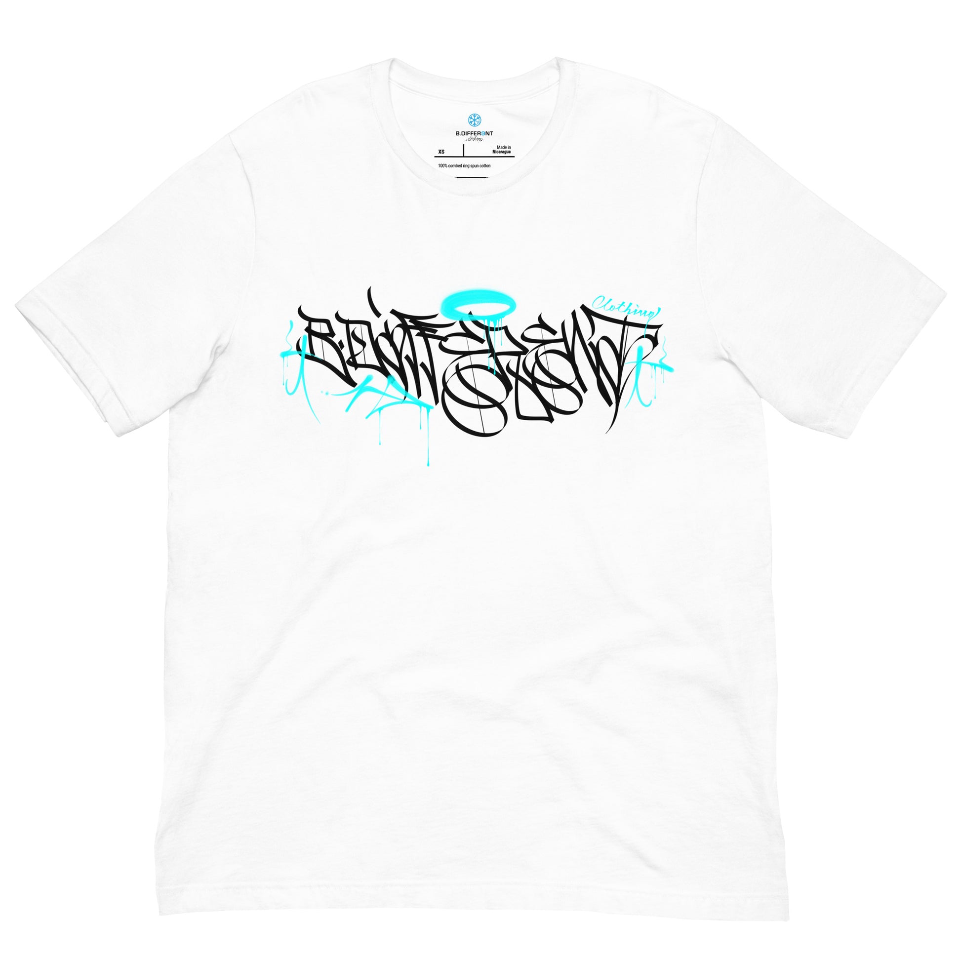 White-Caos One Collab Graffiti Tee from B.Different Clothing, front view, graffiti-inspired streetwear t-shirt